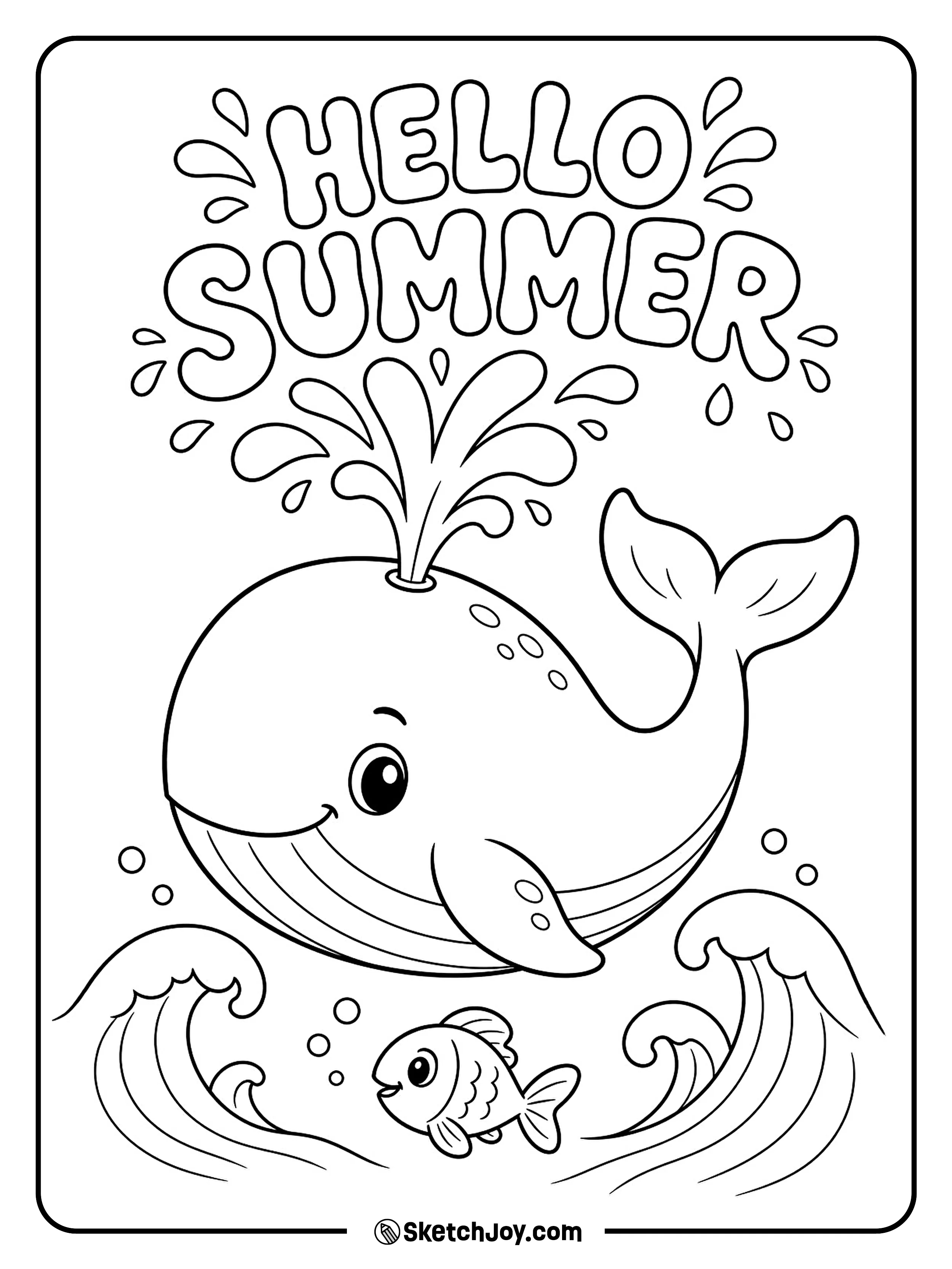 A friendly whale sprays water under big summer words.