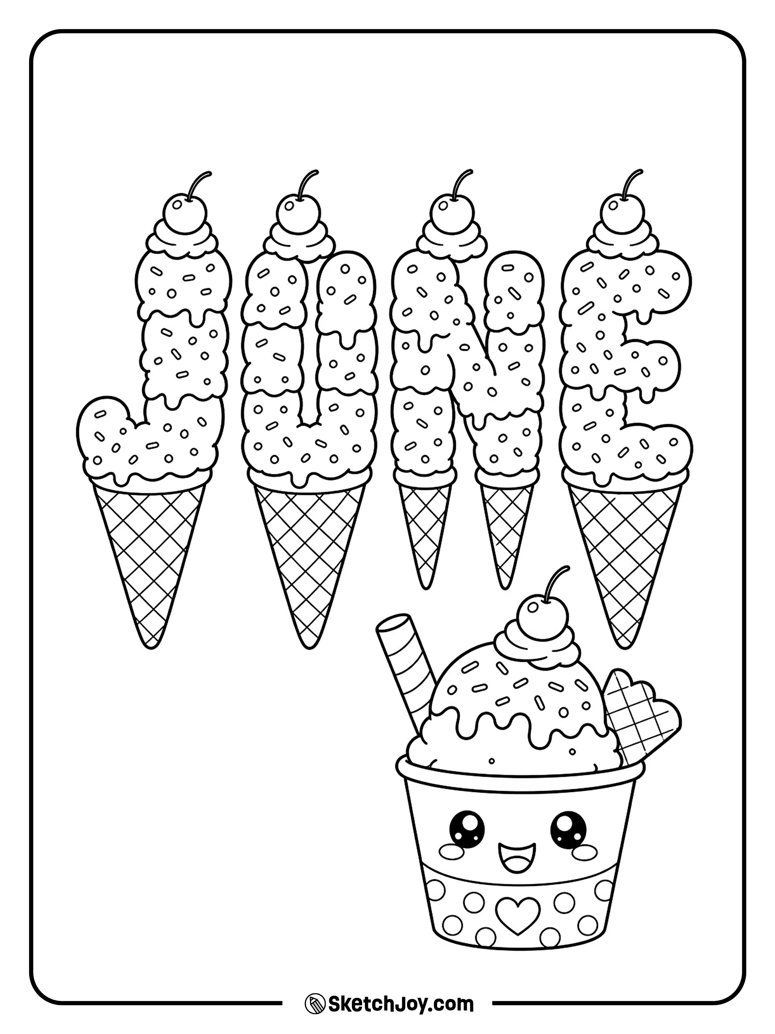 Sweet scoops sit beside playful summer letters.
