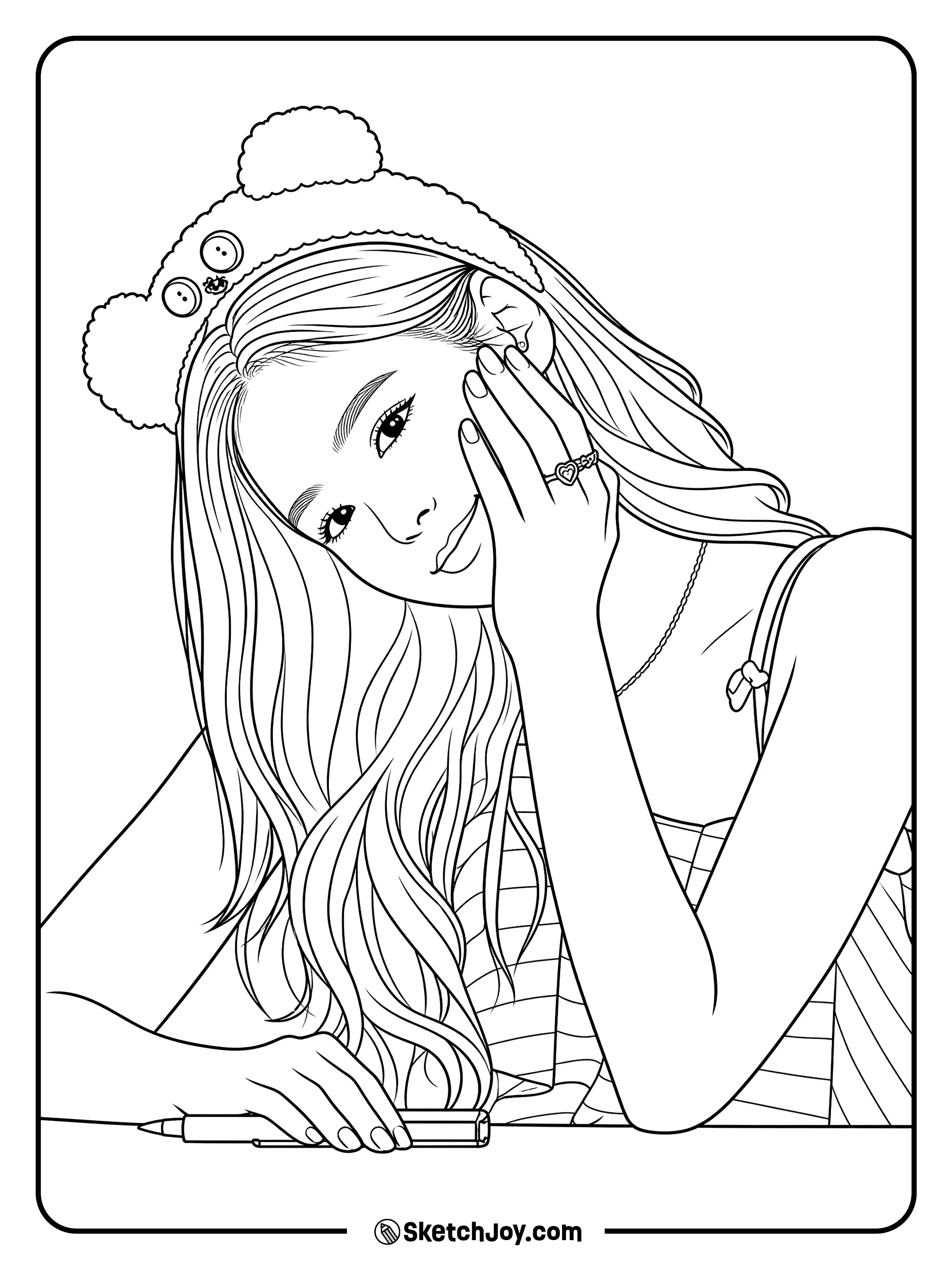 Jennie wears a fluffy bear hat and smiles softly with her hand by her face.