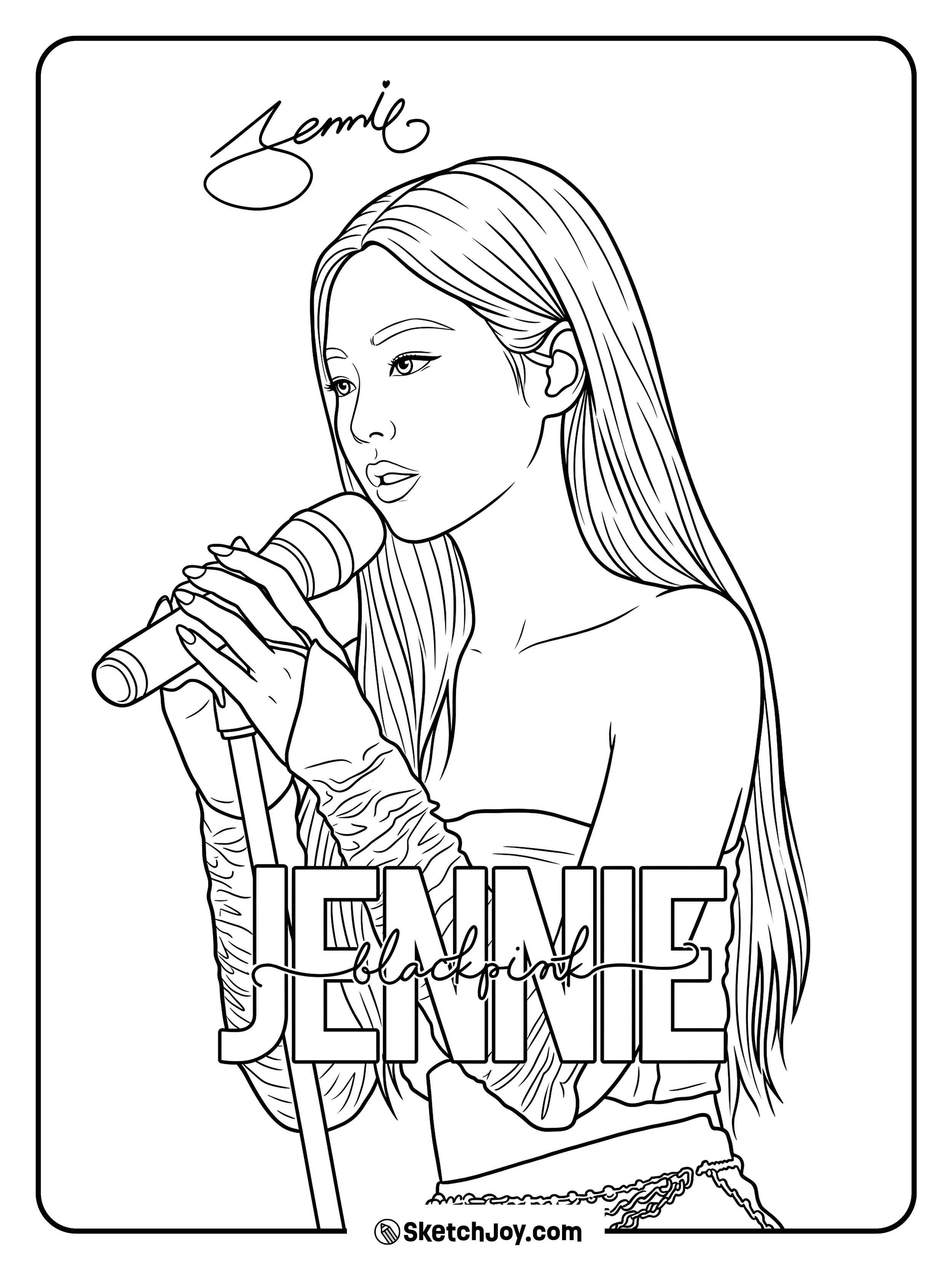 Jennie holds the mic in a calm and stylish stage pose.