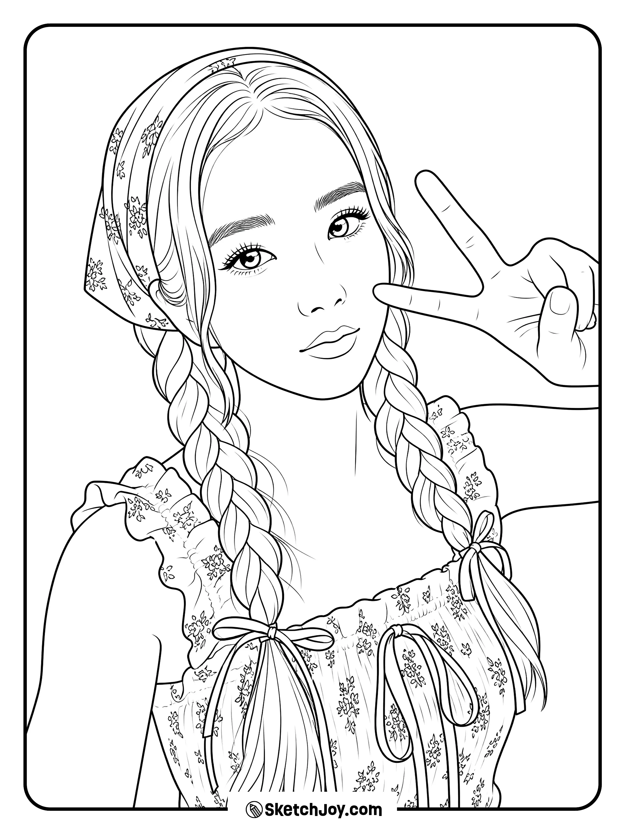 Jisoo wears cute braids and a flower outfit while making a peace sign.