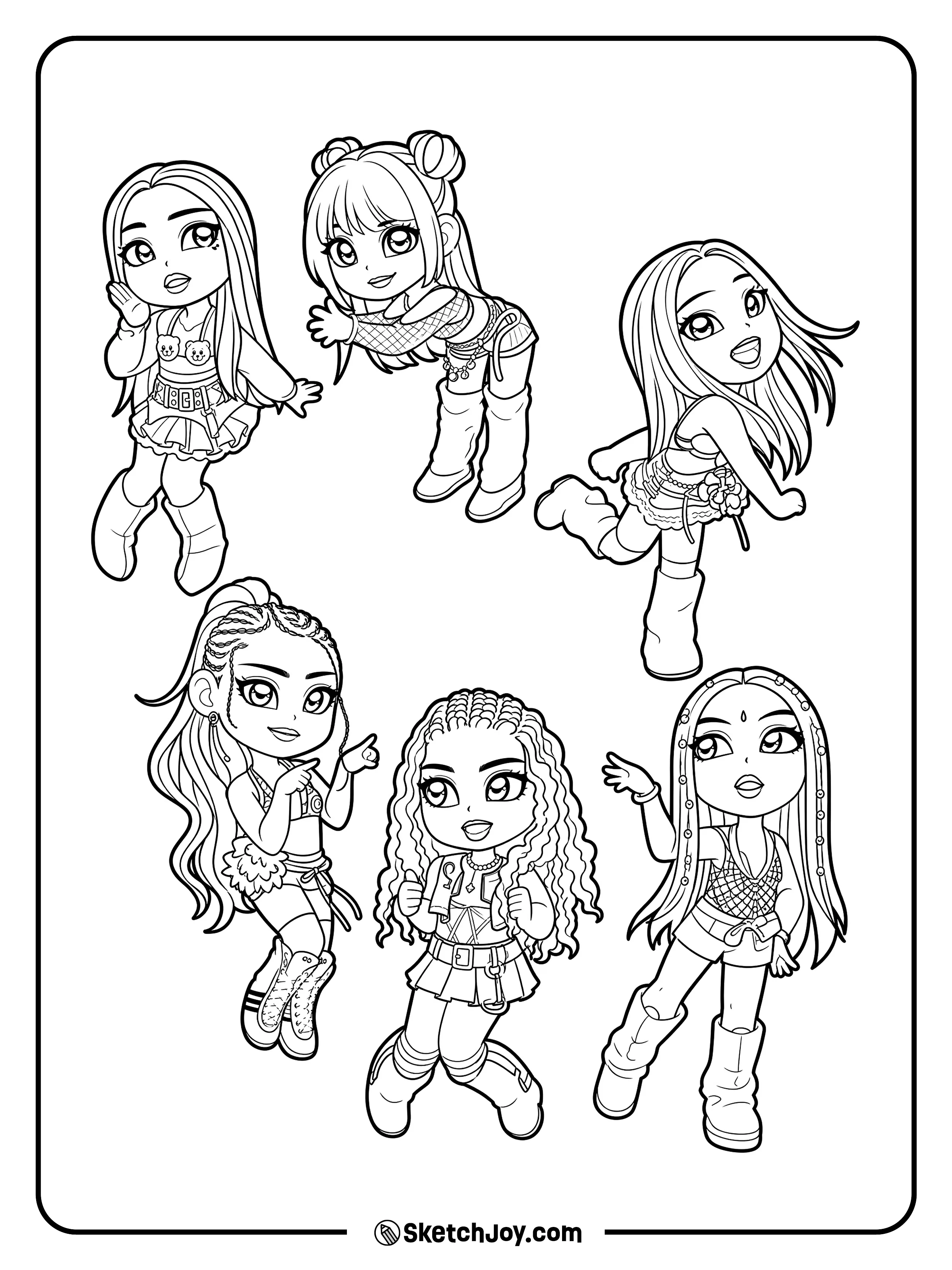 KATSEYE members pose in cute chibi outfits with fun smiles.