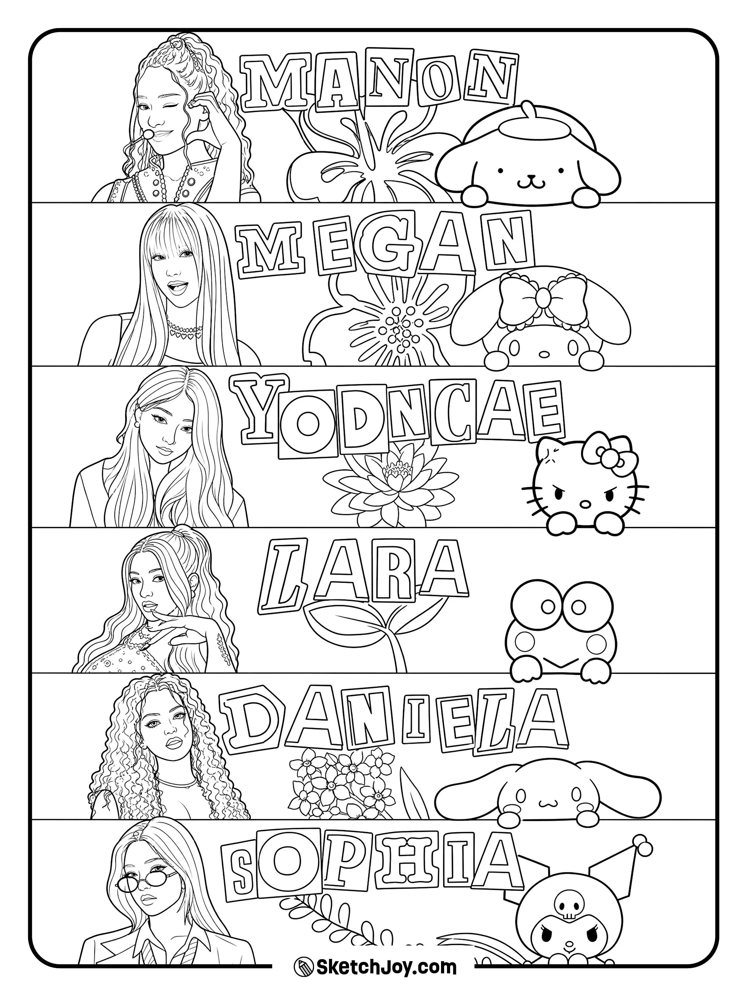 Each KATSEYE member appears with her name and a cute character icon.