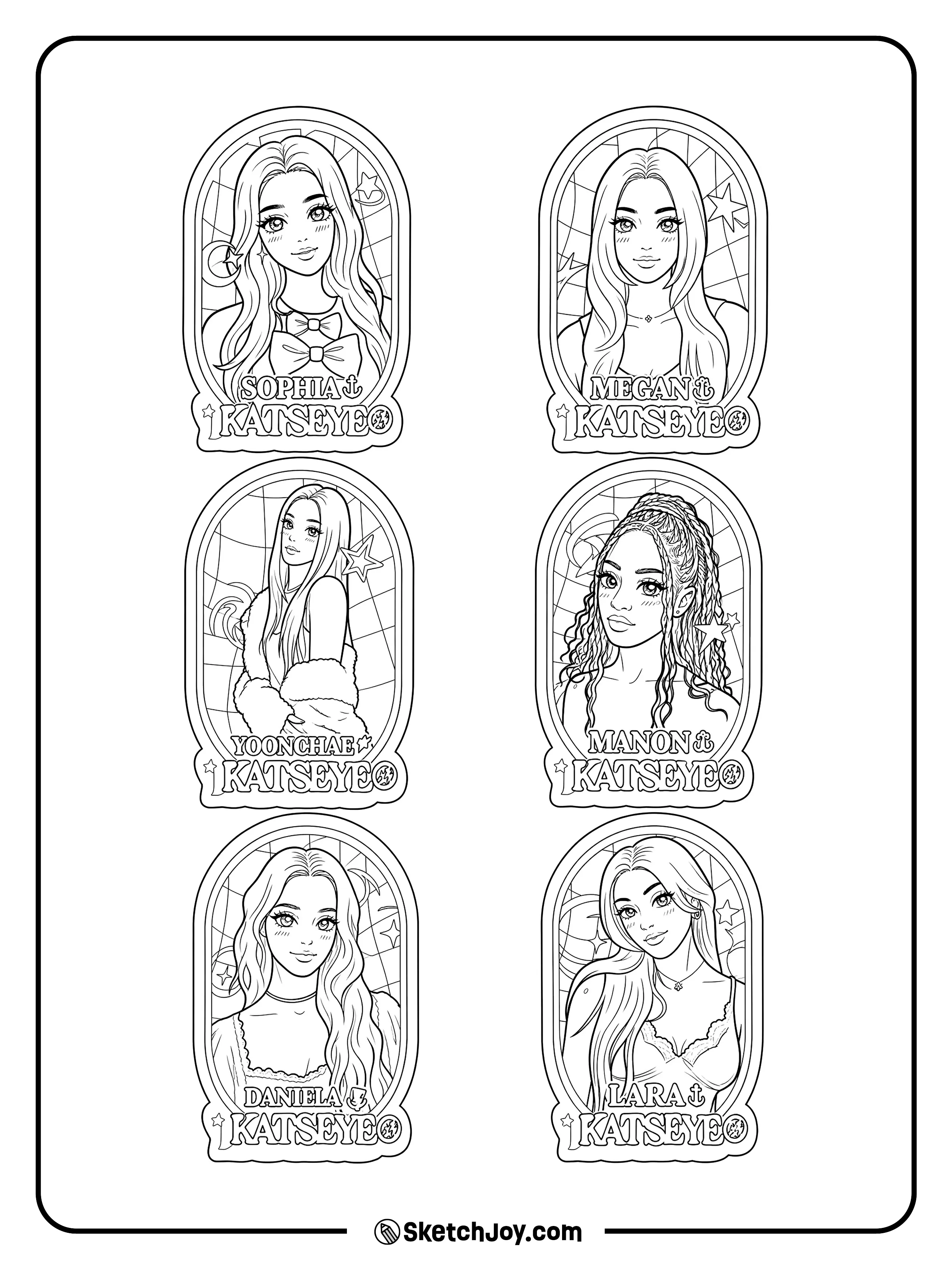 Sophia, Megan, Yoonchae, Manon, Daniela, and Lara appear in cute card-style portraits.