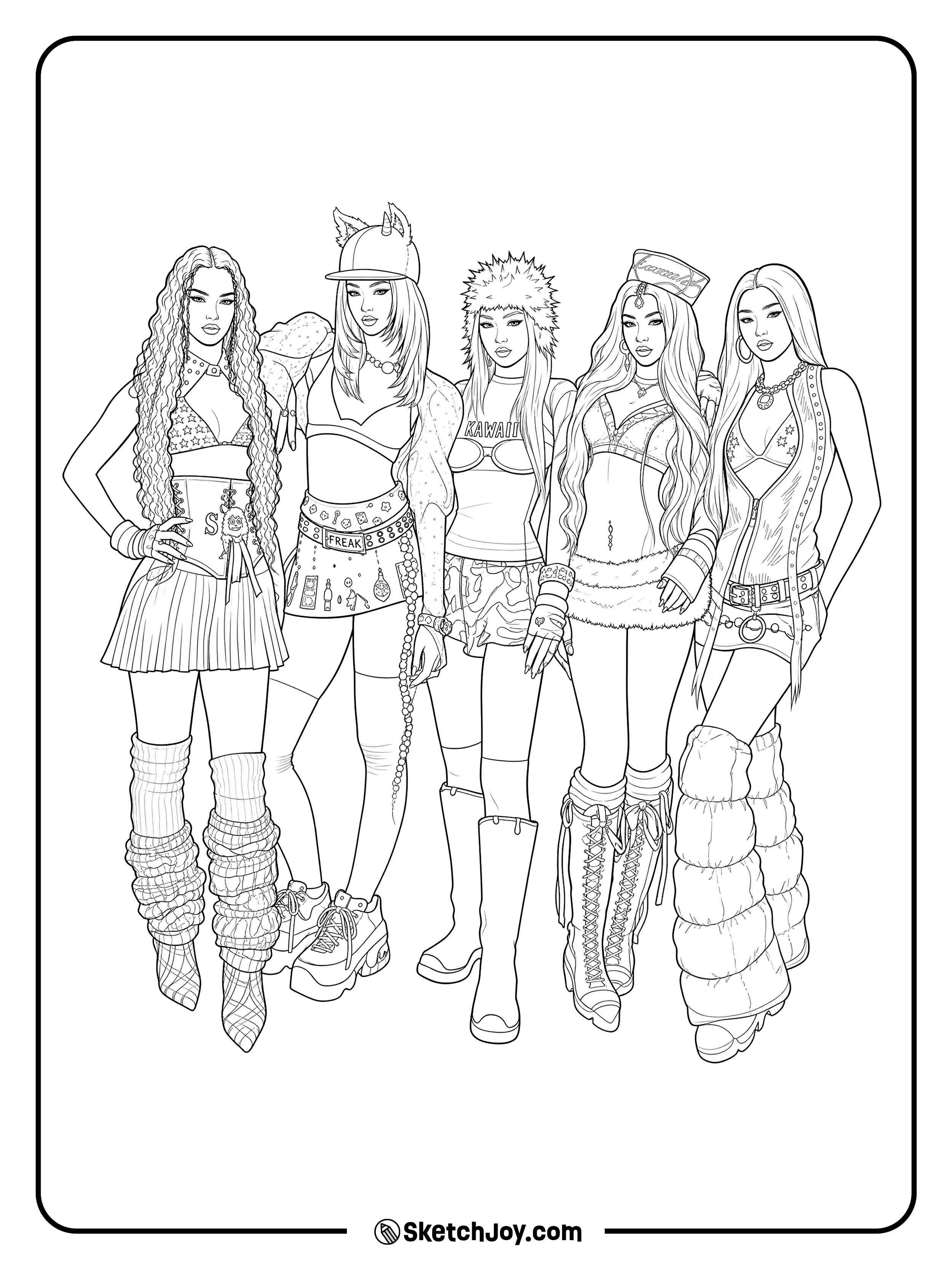 KATSEYE members stand together in their Pinky Up outfits.