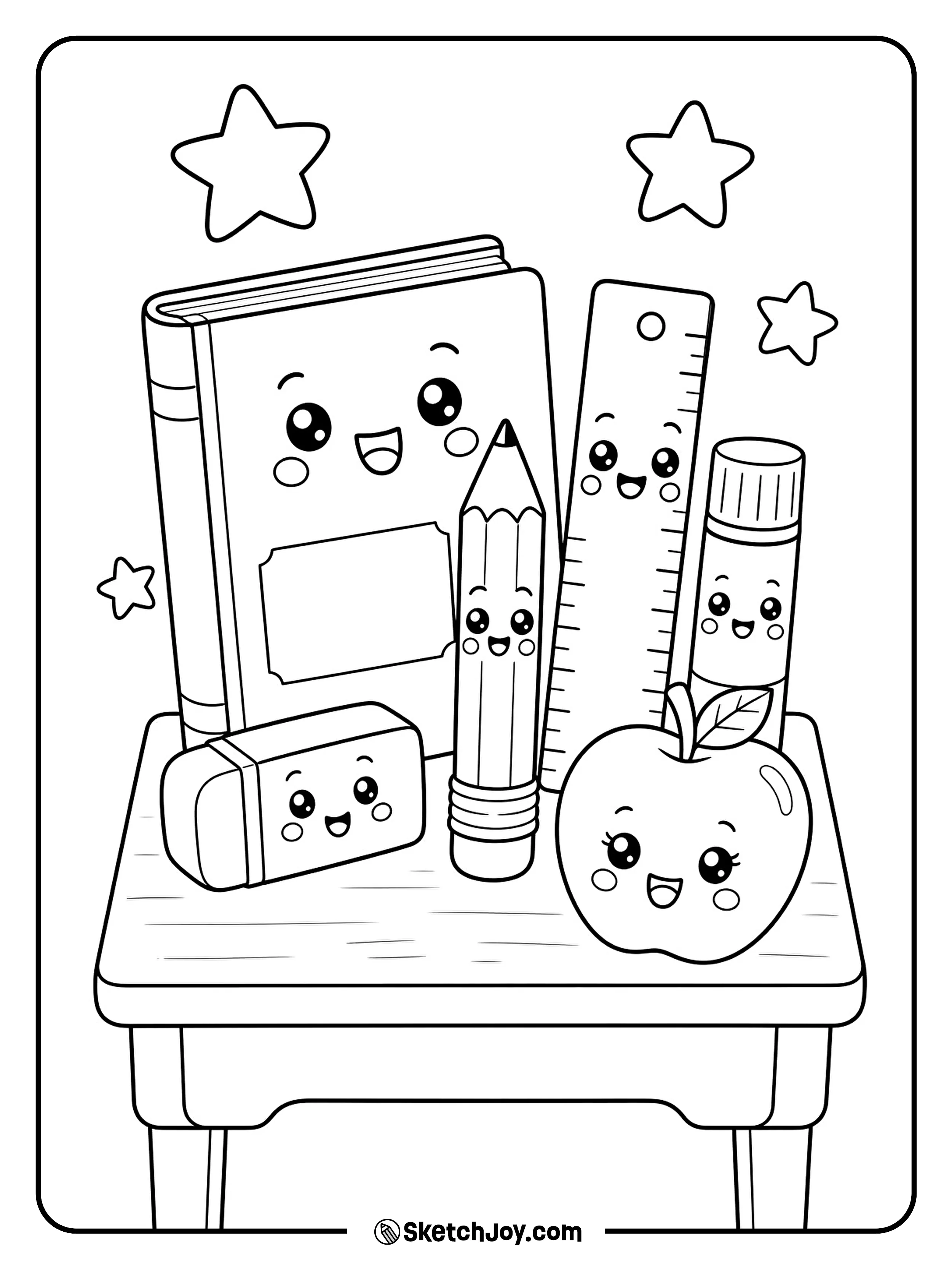 Happy school supplies gather together for a sweet scene.