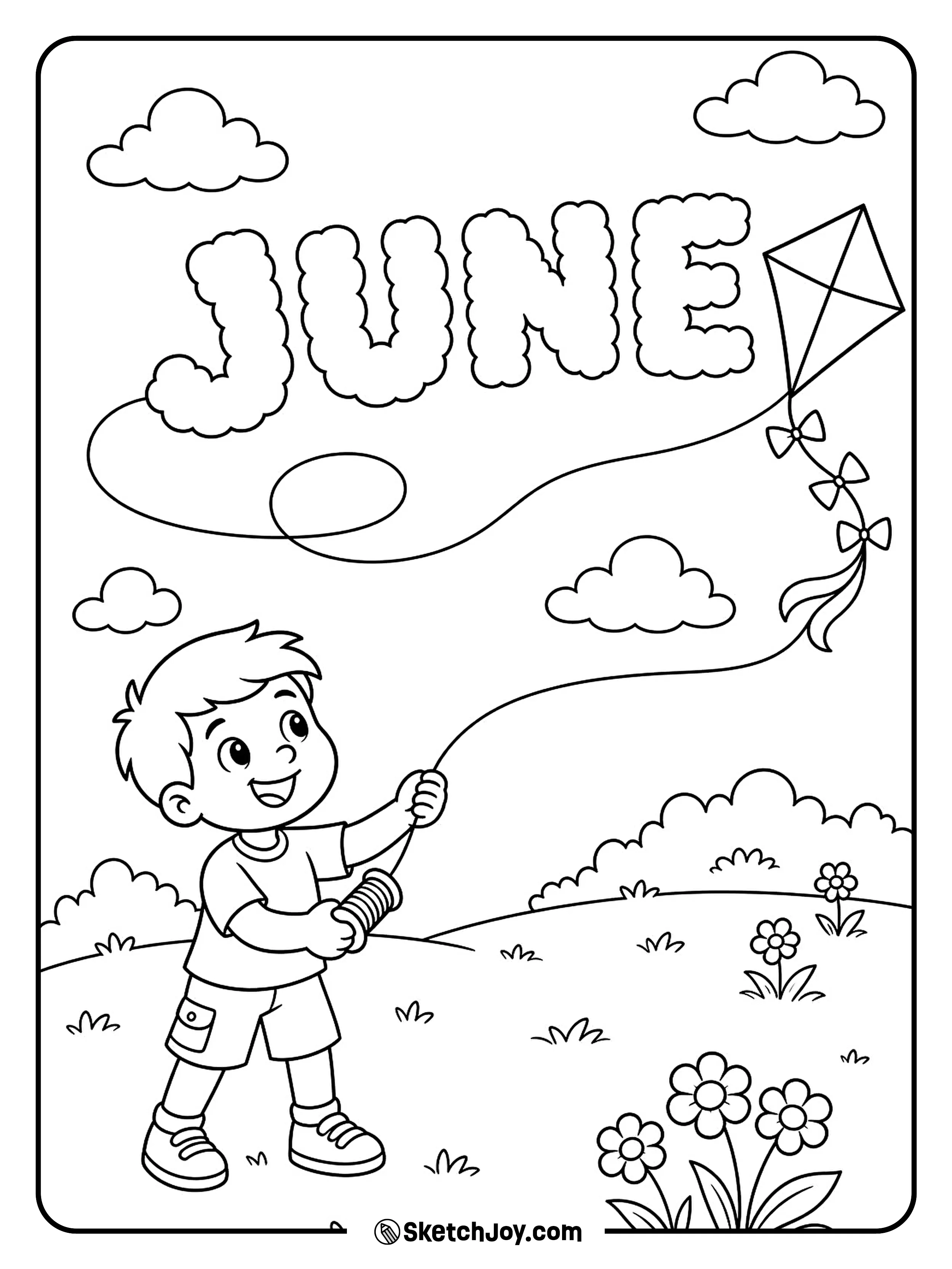 A kite flies near soft cloud letters.