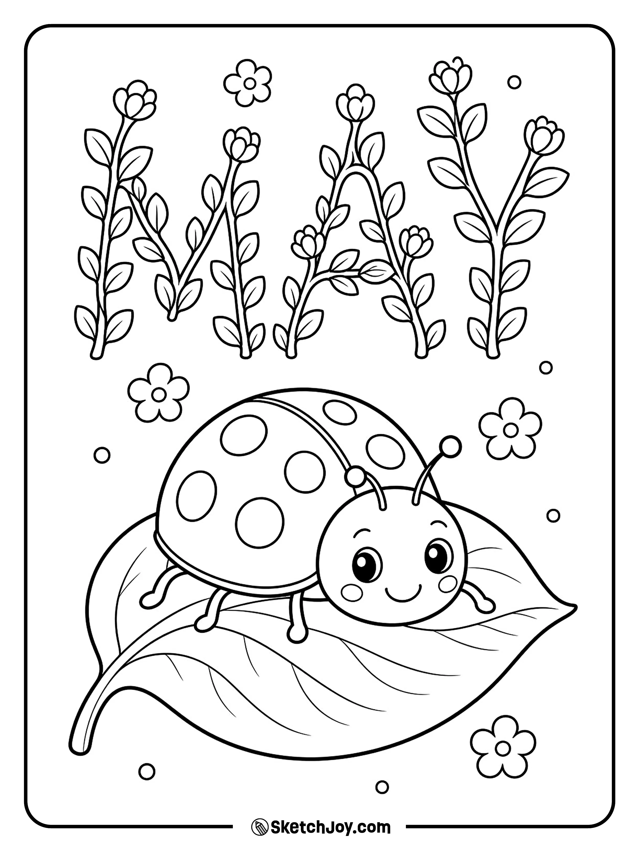 A big ladybug sits by leafy MAY letters.