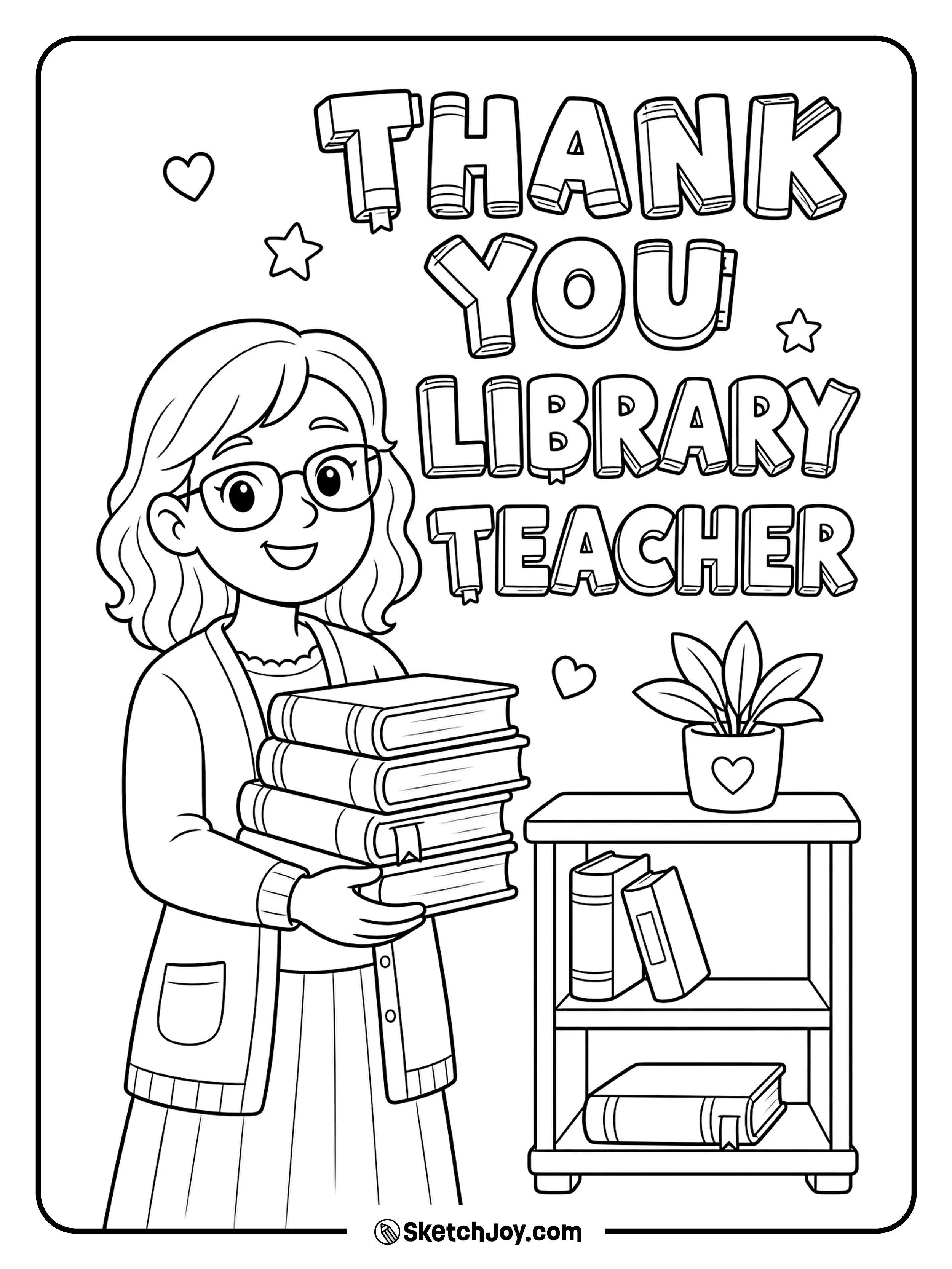 A library teacher holds books with a thankful note.