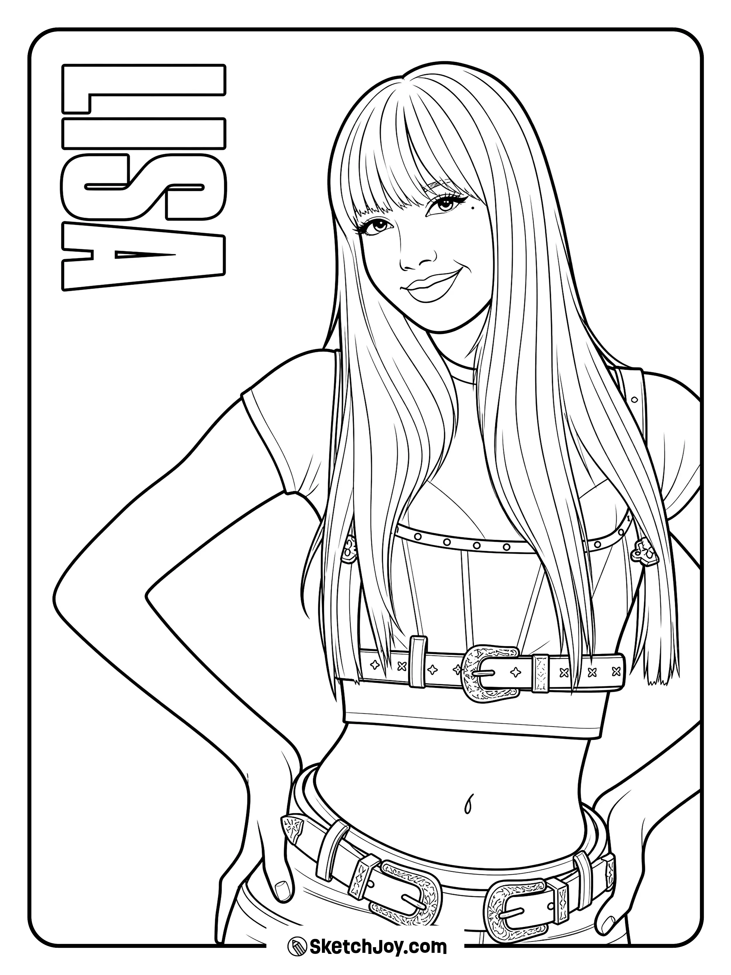 Lisa smiles in a cool stage outfit with bold belts and long straight hair.