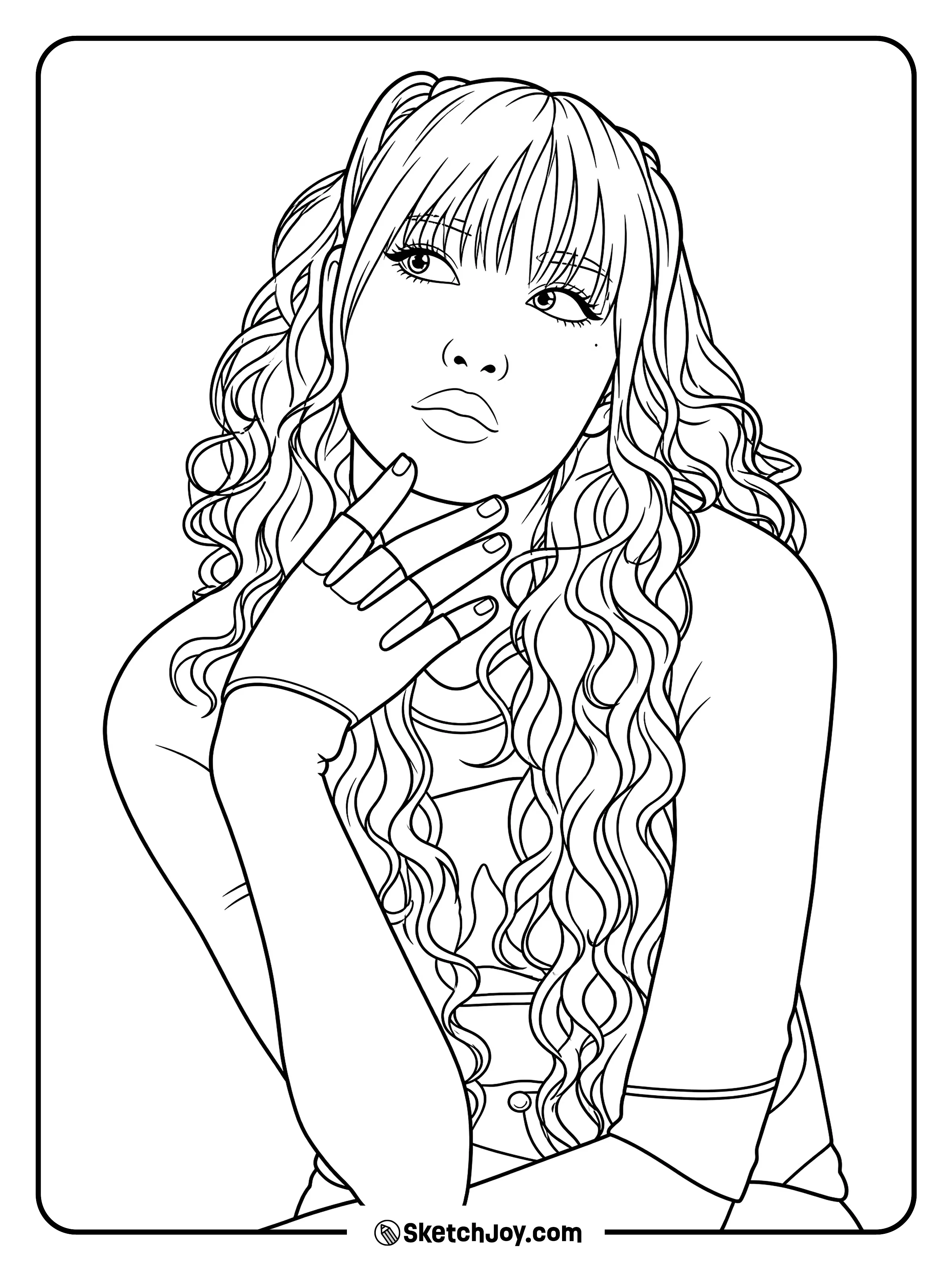Lisa poses with curly hair and a calm look while resting her hand near her chin.