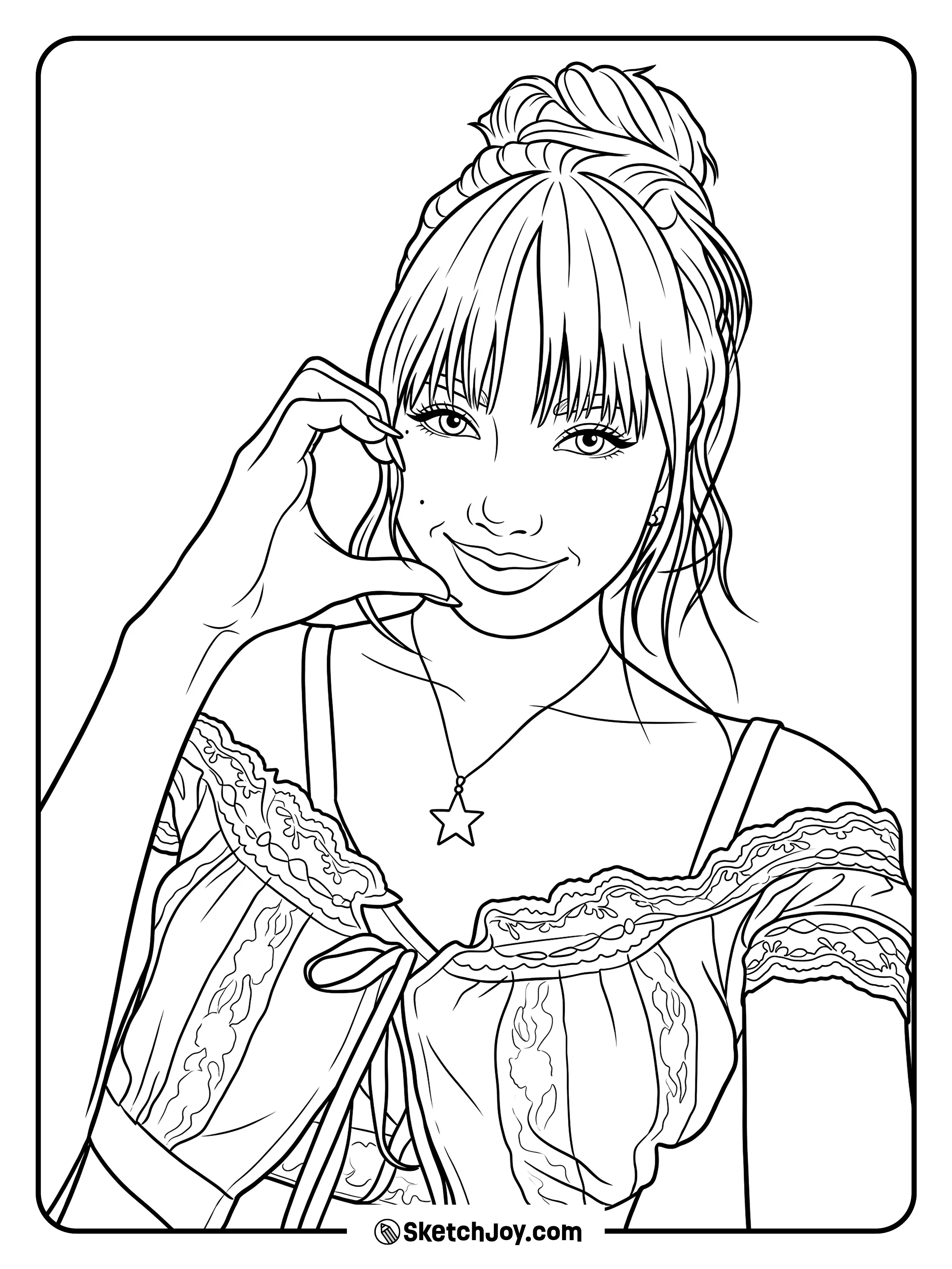Lisa smiles softly and makes a cute hand sign near her face.