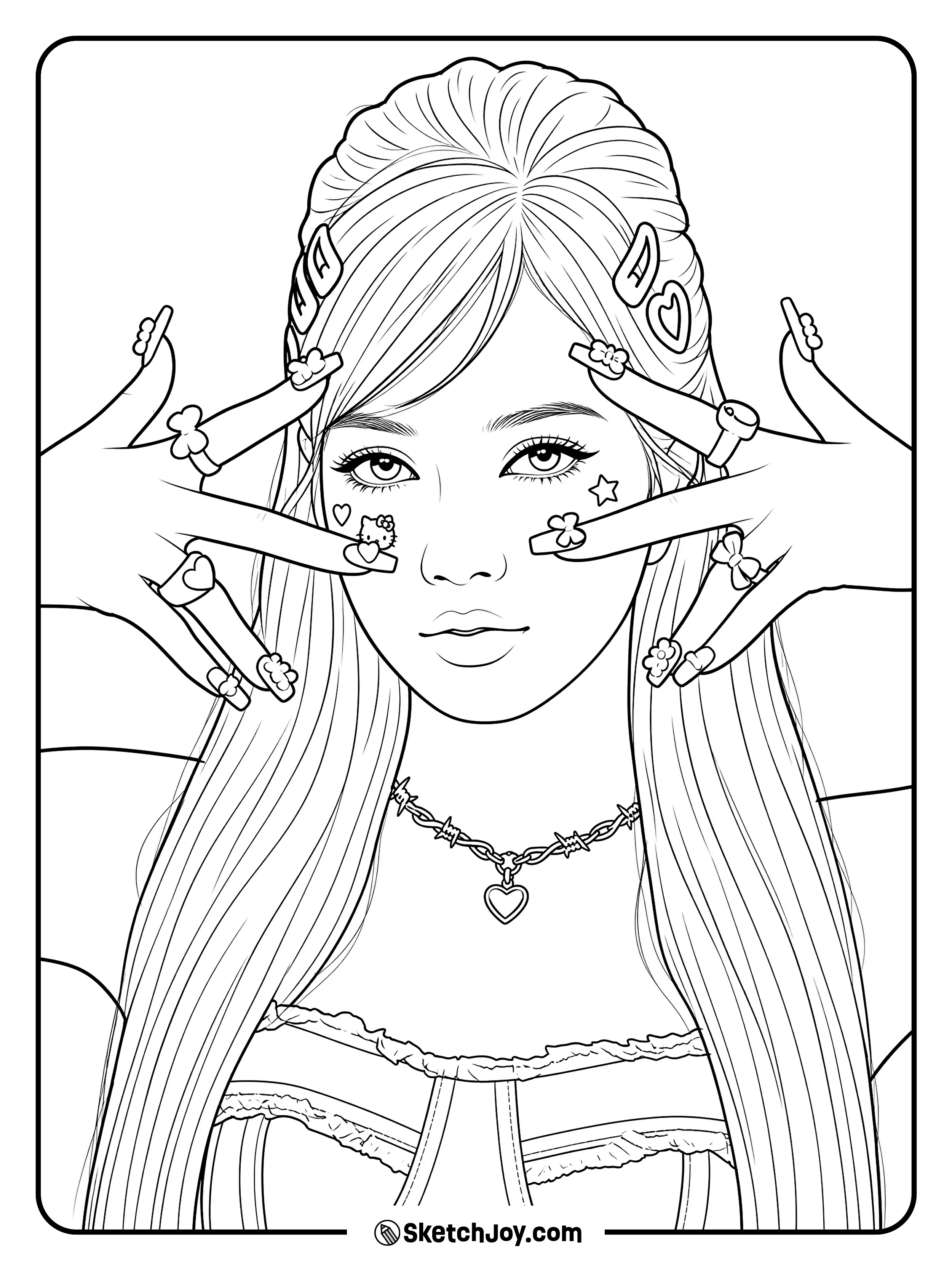 Lisa shows off her cute nails and face stickers in a fun close-up pose.