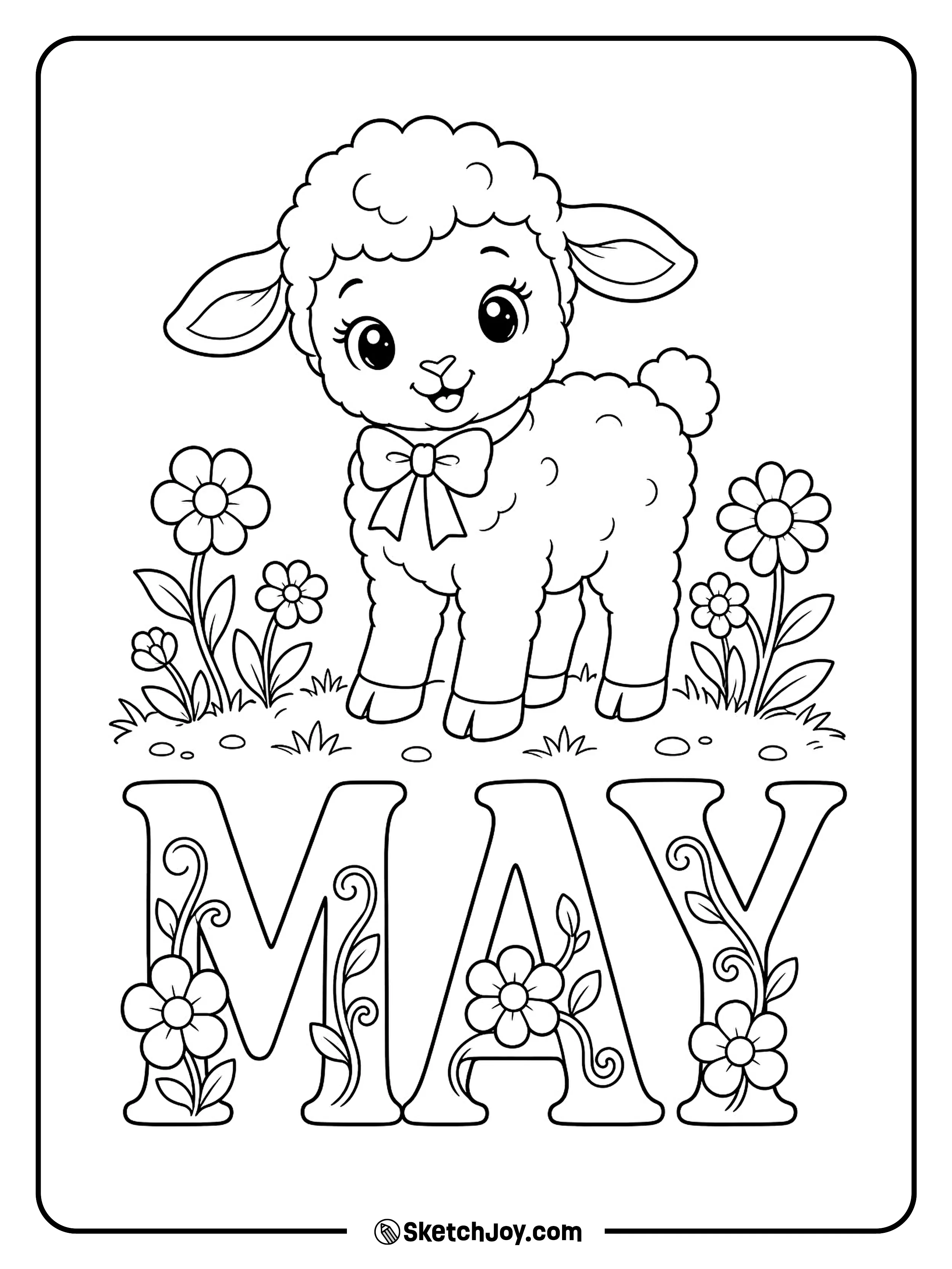 A fluffy lamb stands by lovely MAY letters and flowers.