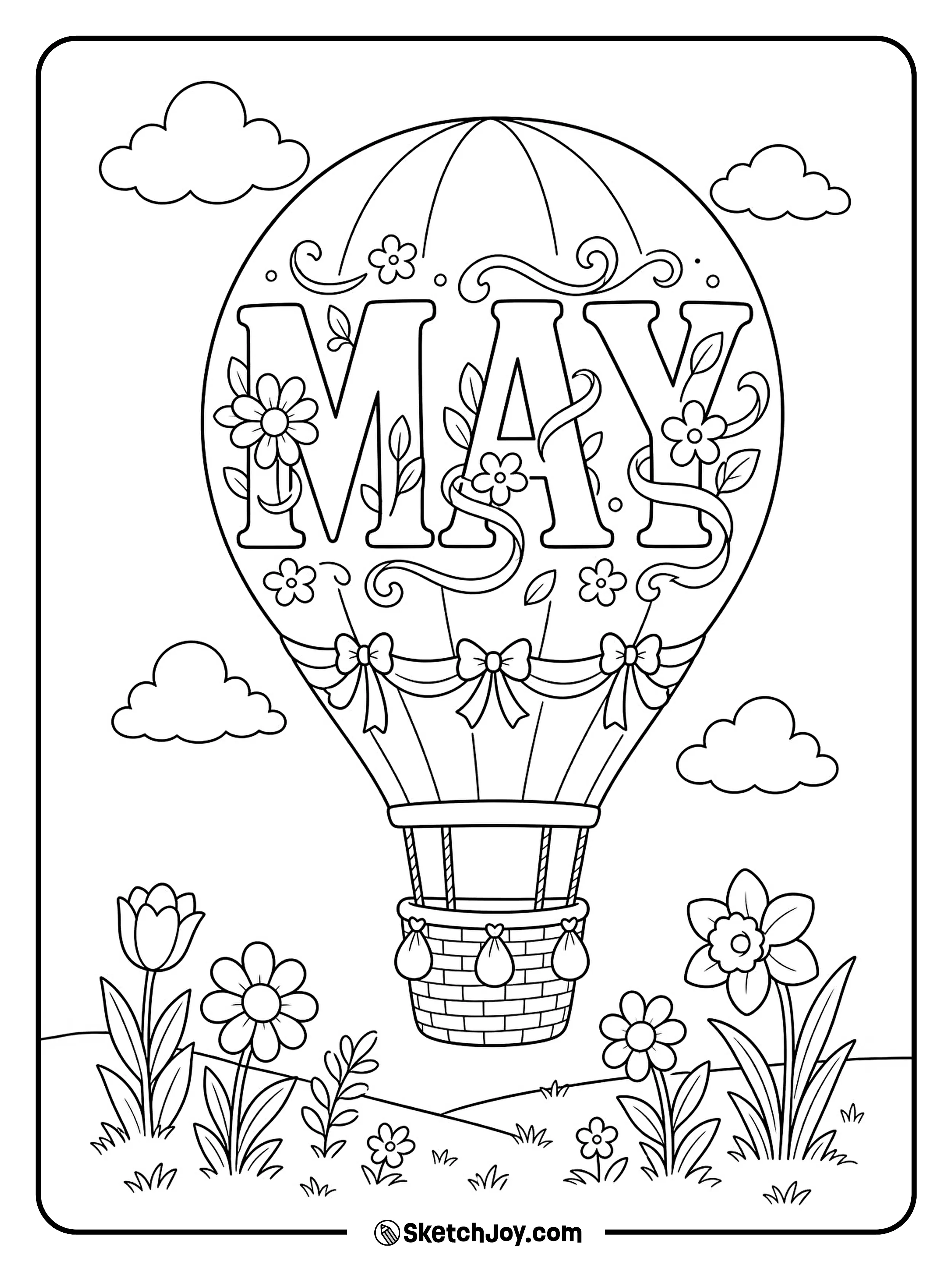 A hot air balloon floats above spring fields with bold MAY letters.