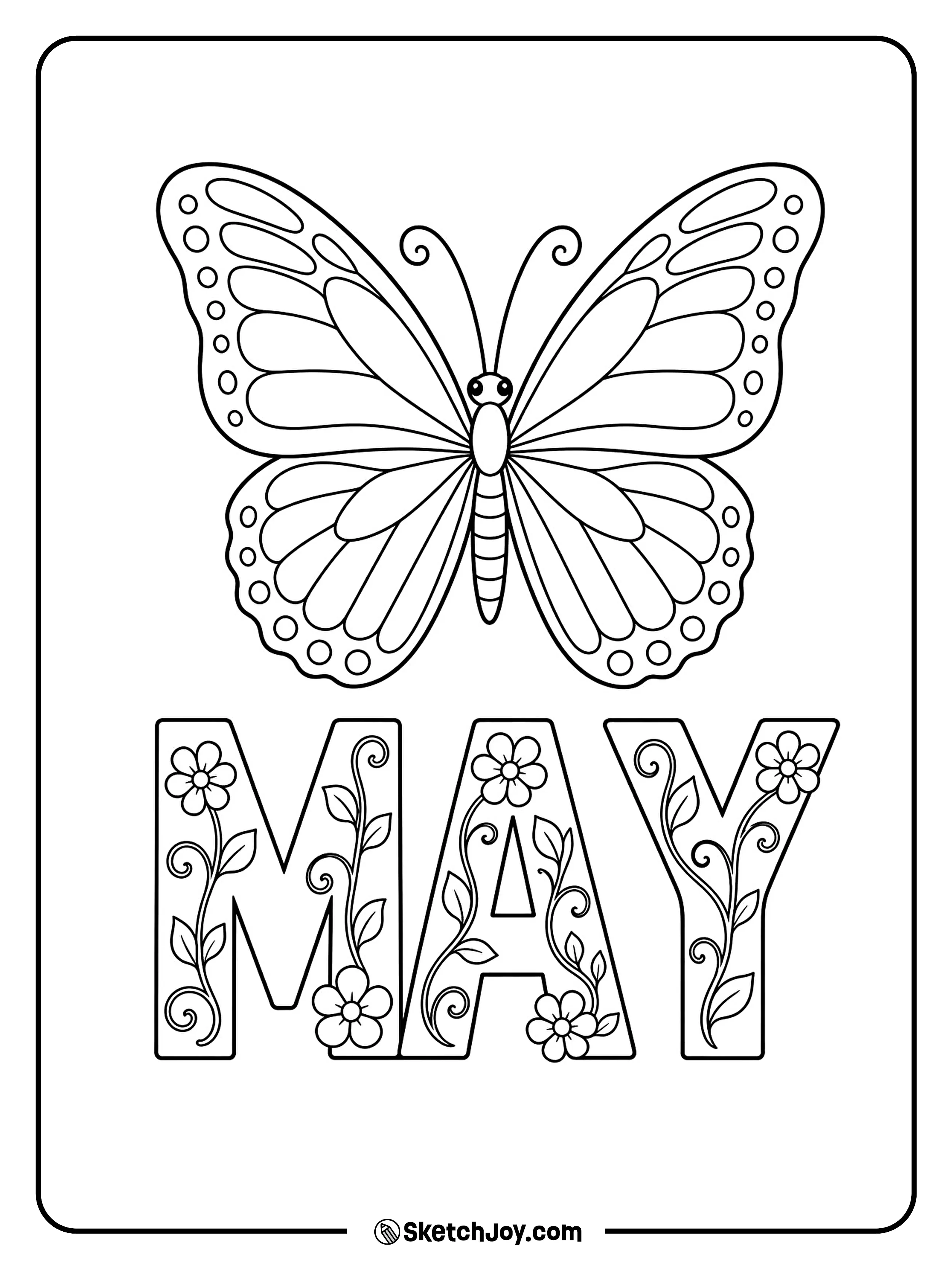 A large butterfly and pretty MAY letters fill the page.