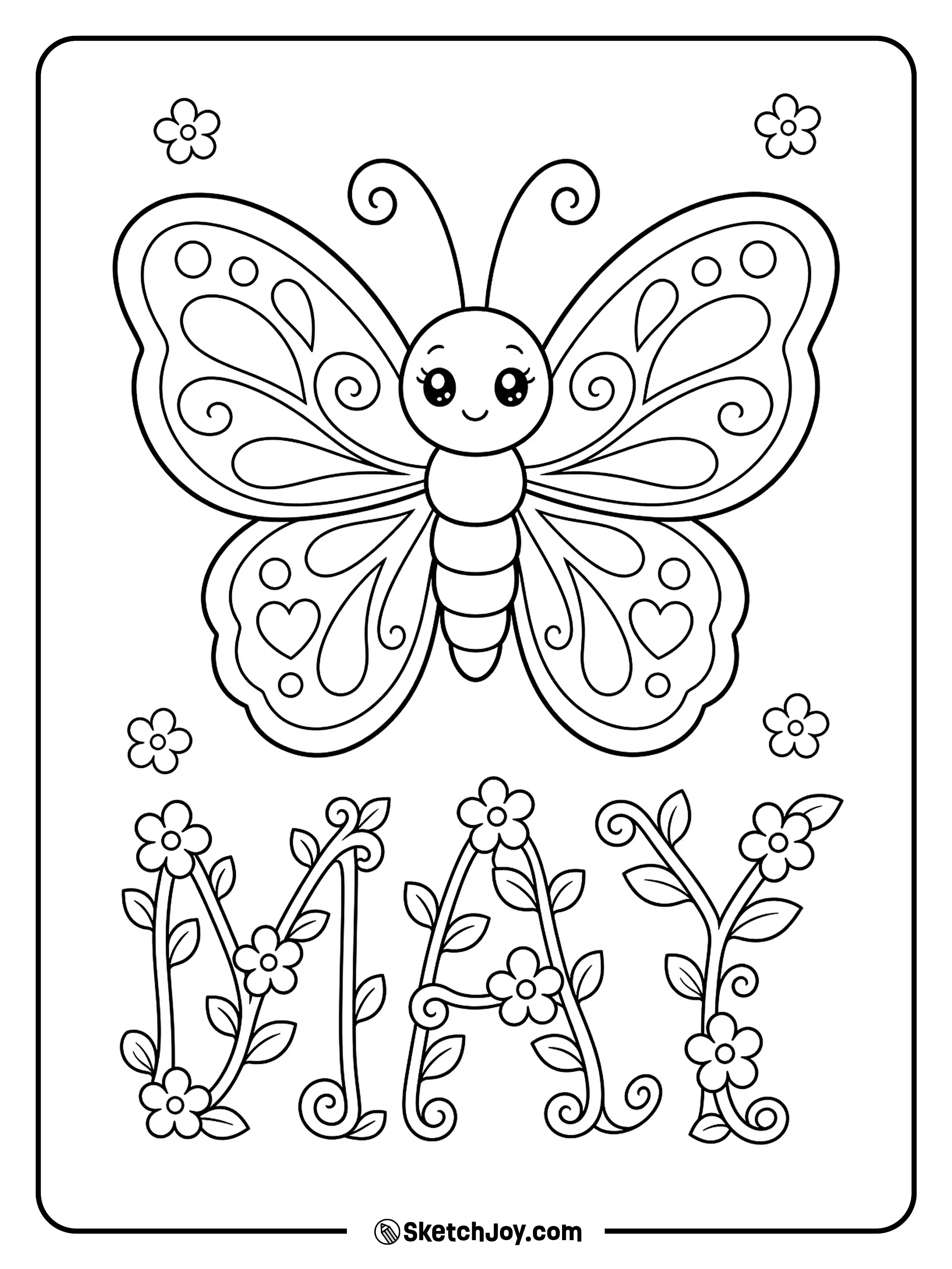 A big butterfly rests on fancy MAY letters made from spring vines.
