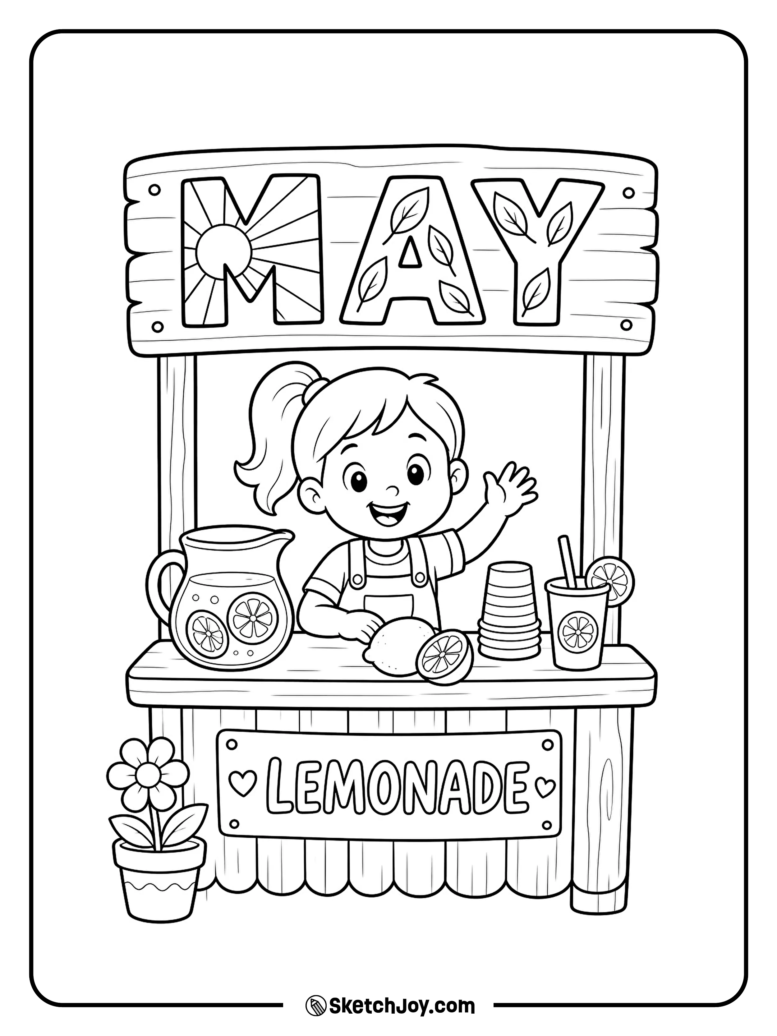 A cute lemonade stand shines under a sunny MAY sign.