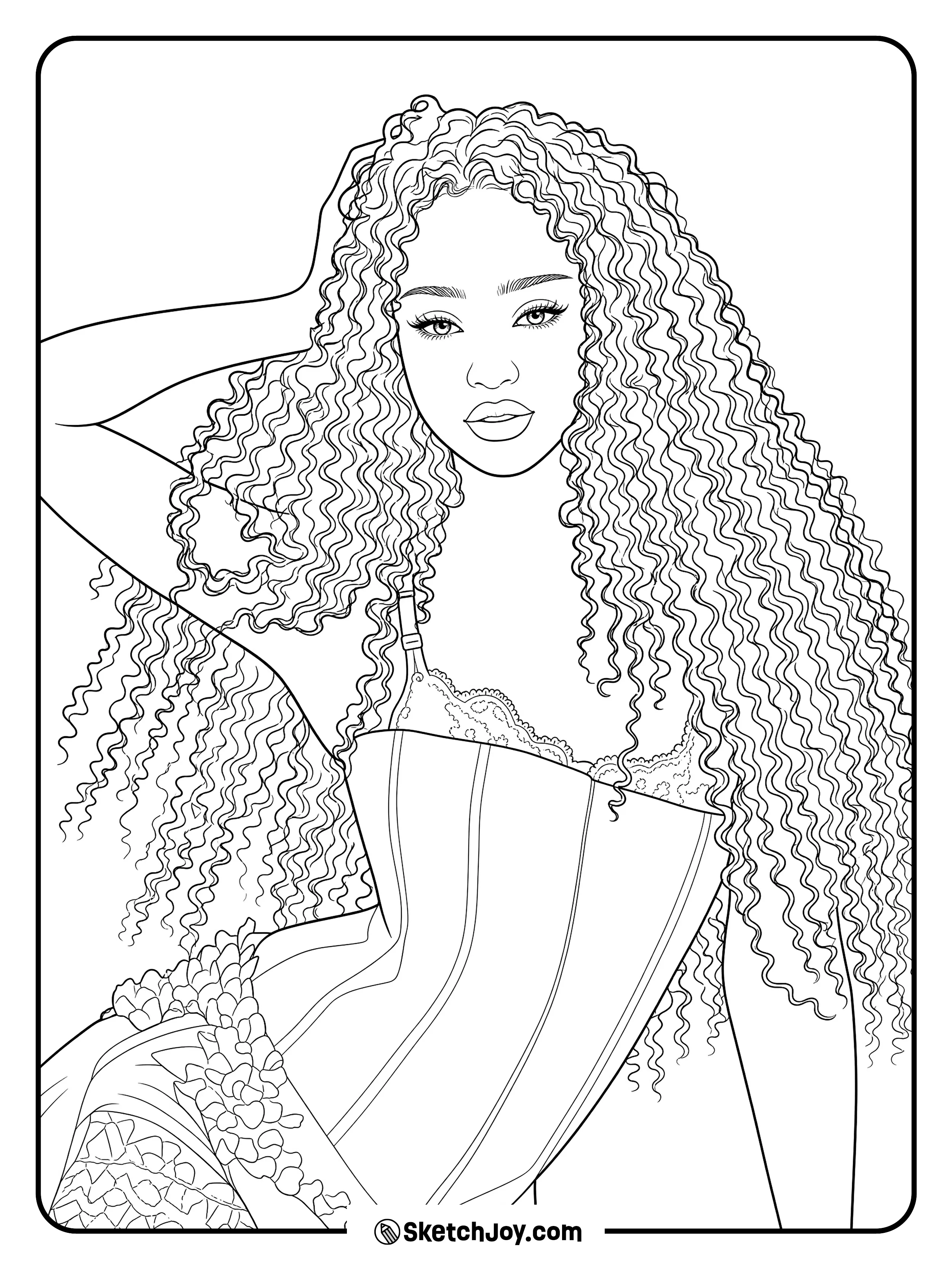 Manon poses with long curls and a calm look.