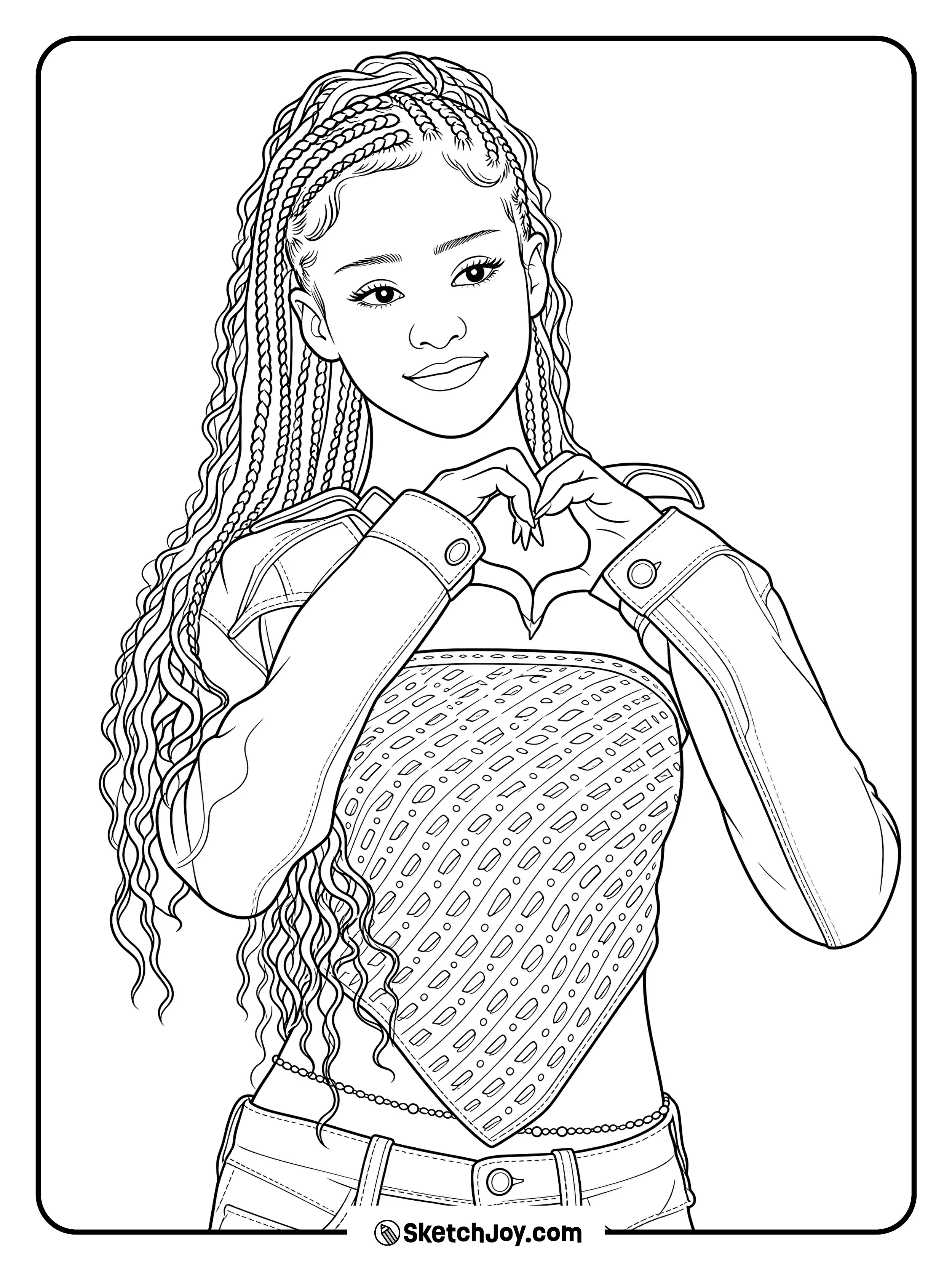 Manon smiles while making a sweet heart sign.