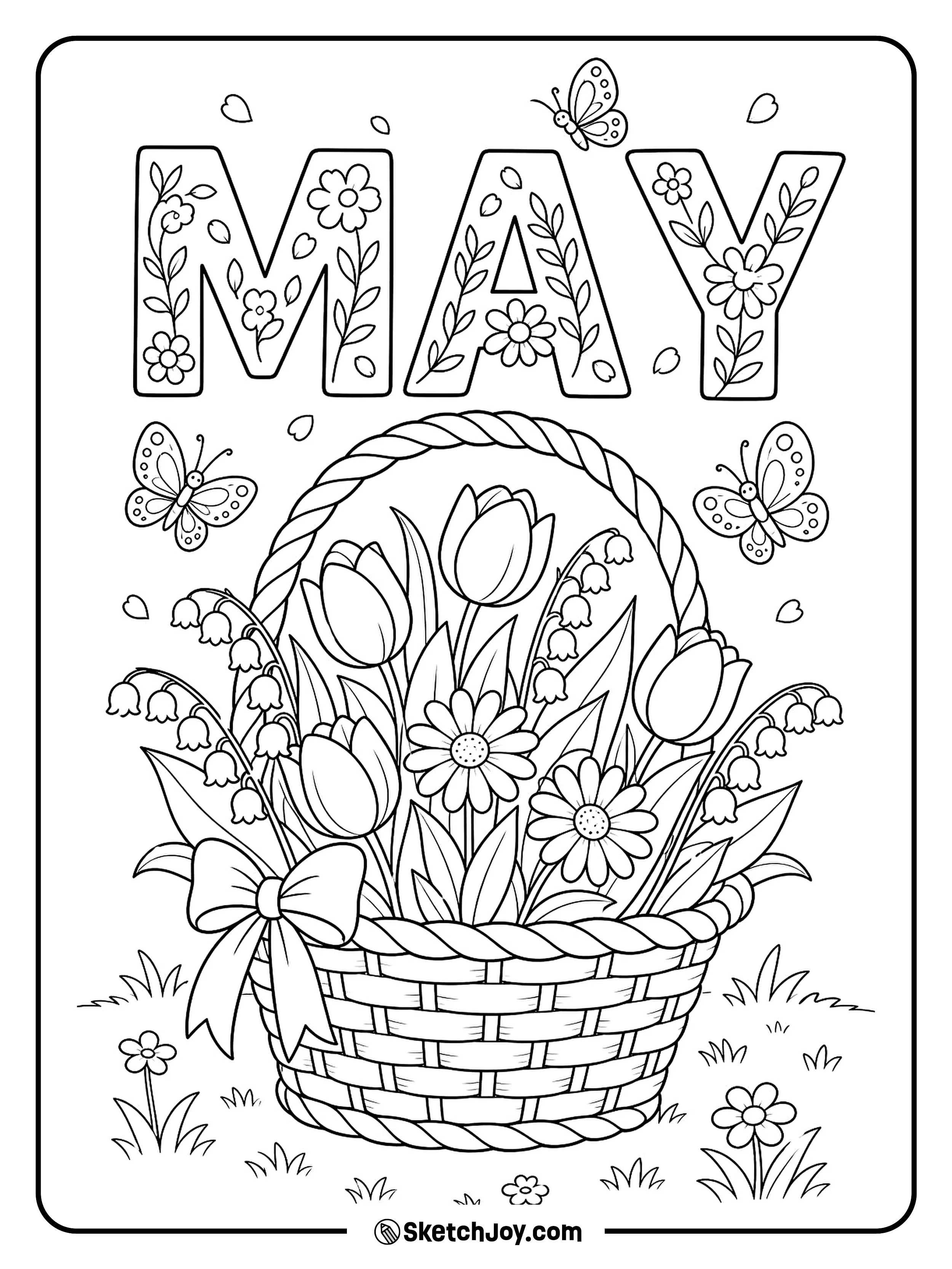 A basket of spring flowers sits under big MAY letters full of petals.