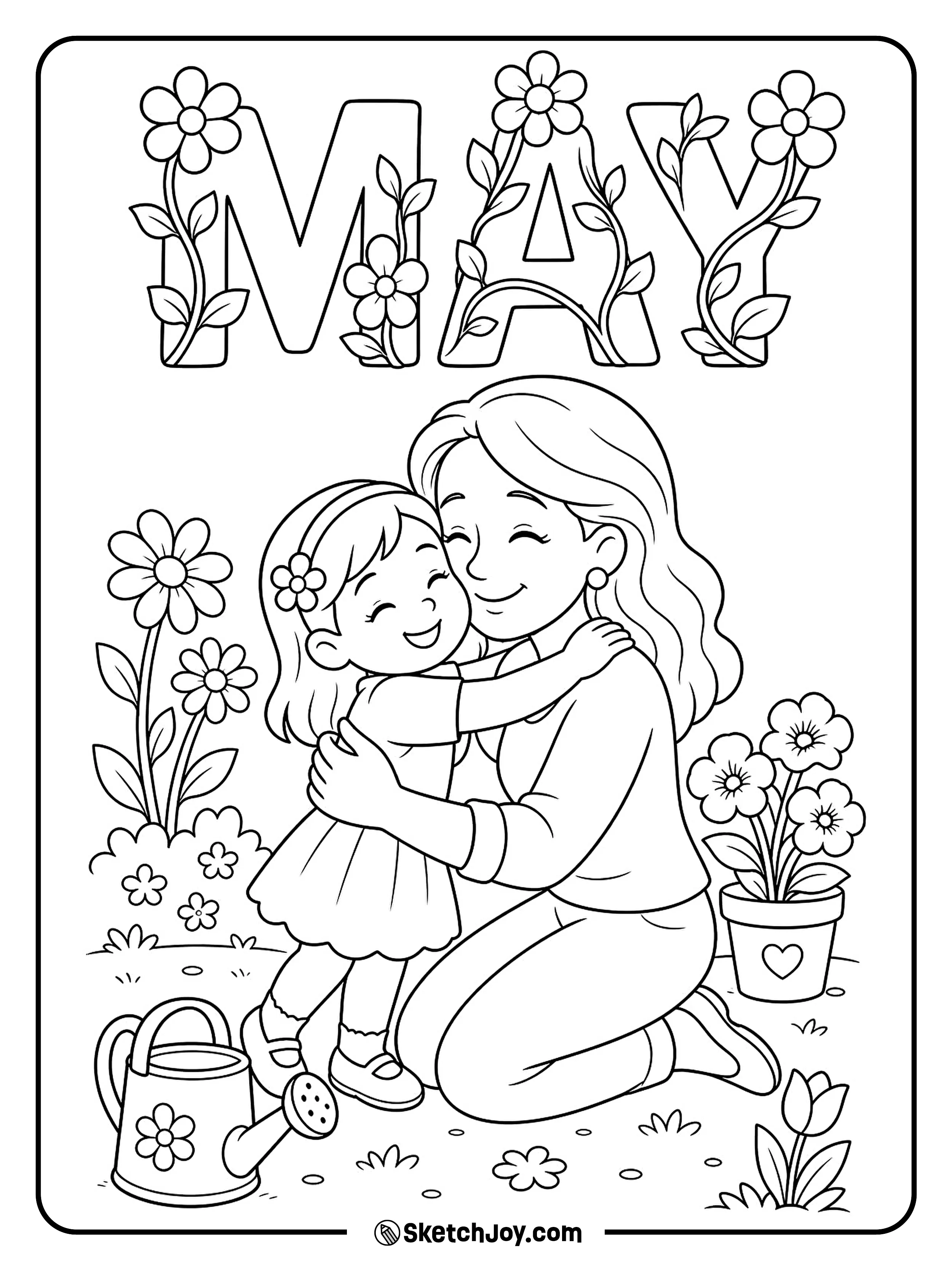 A child hugs mom in a garden with big MAY letters overhead.