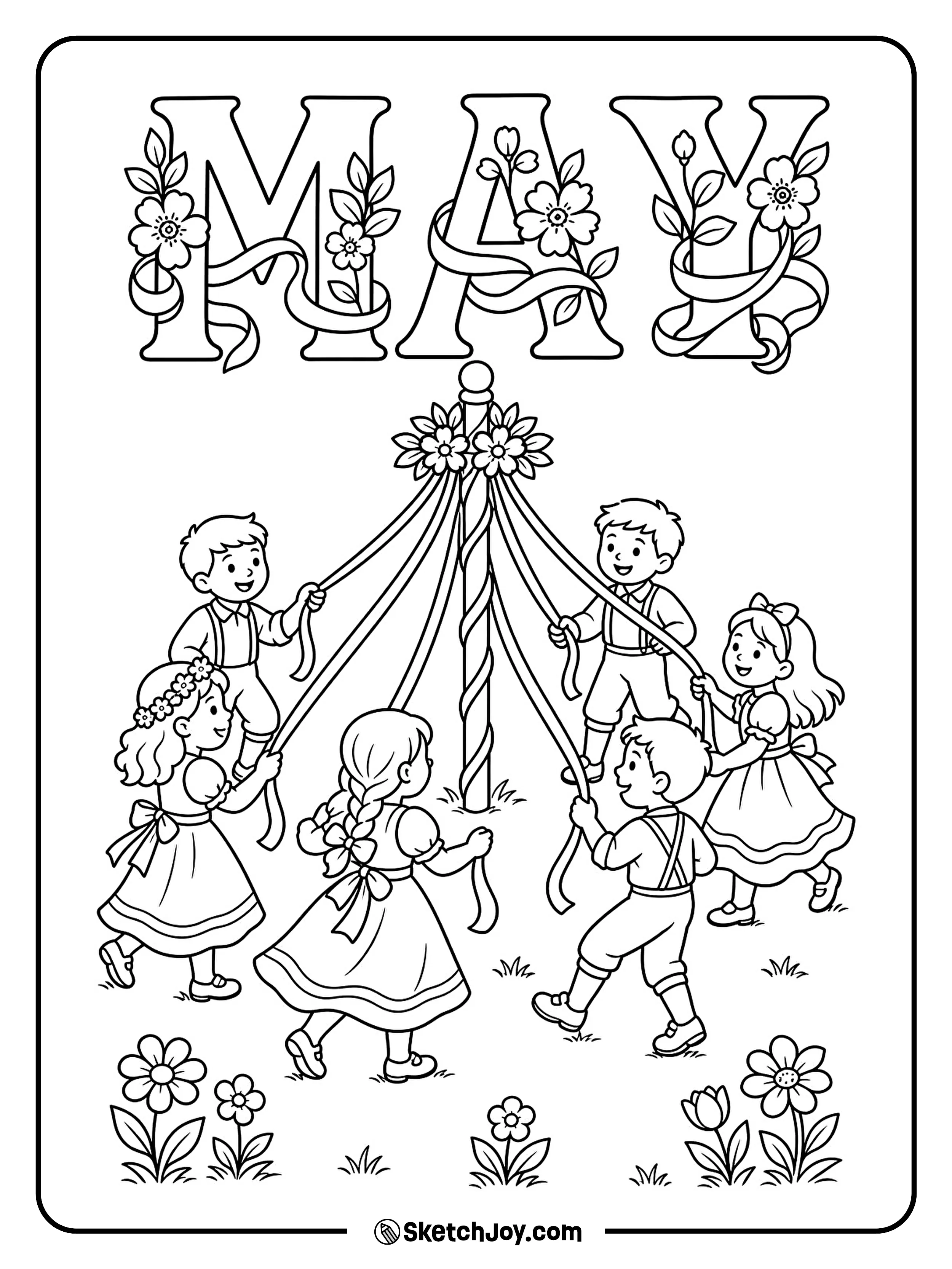 Children dance around a maypole under bright MAY letters.