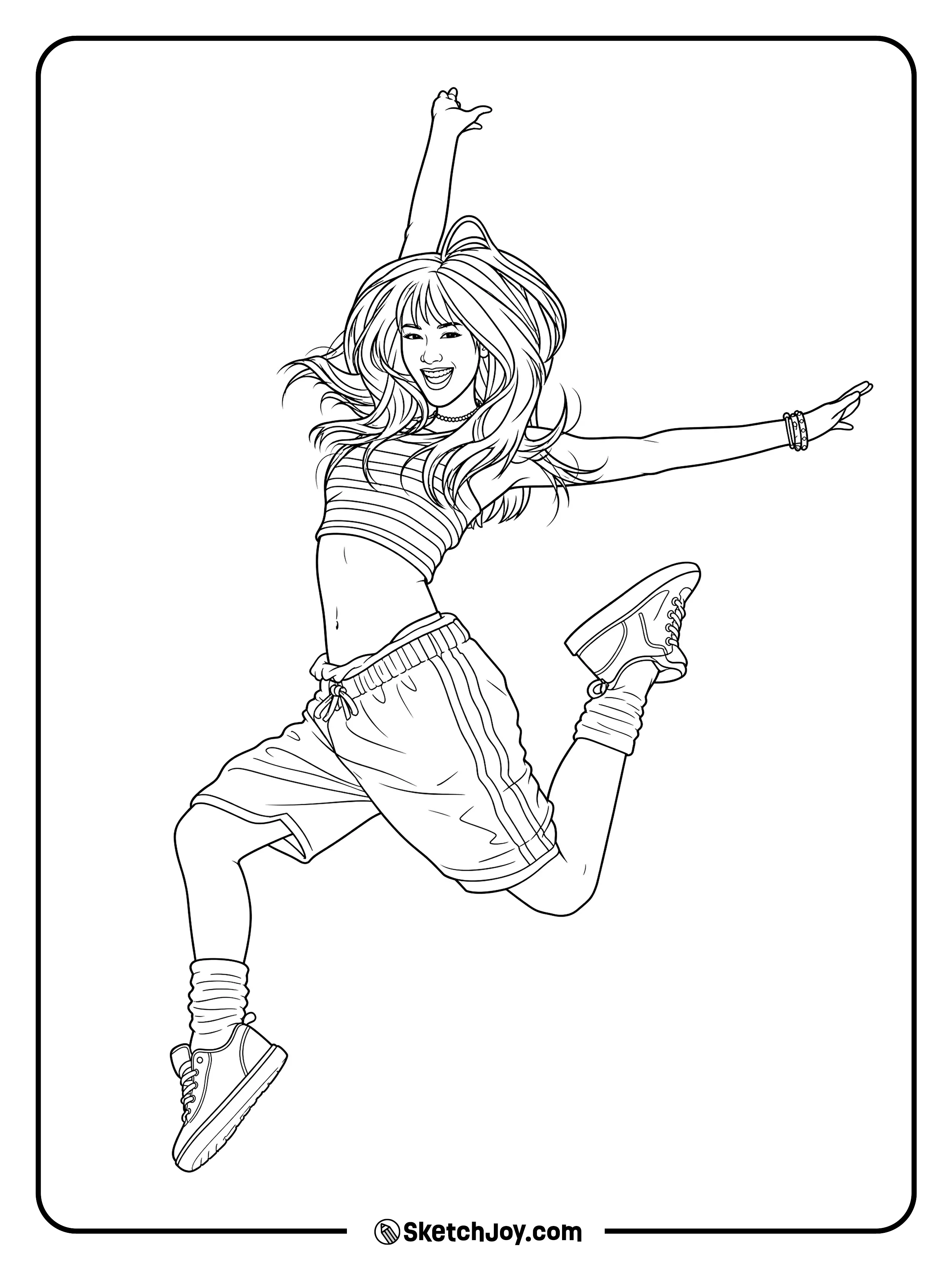 Megan jumps with a big smile and fun energy.