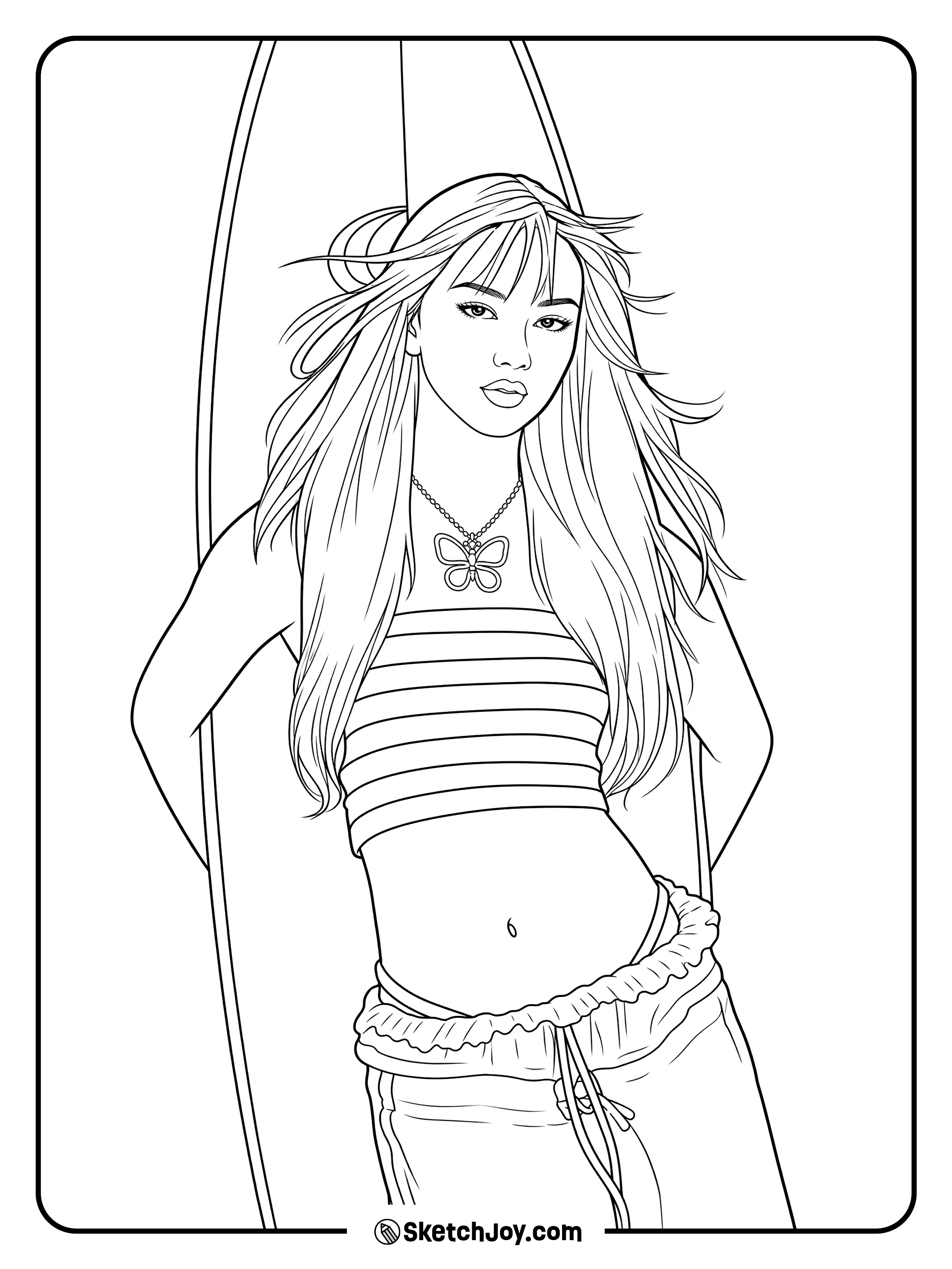 Megan leans back with a cool, relaxed look.