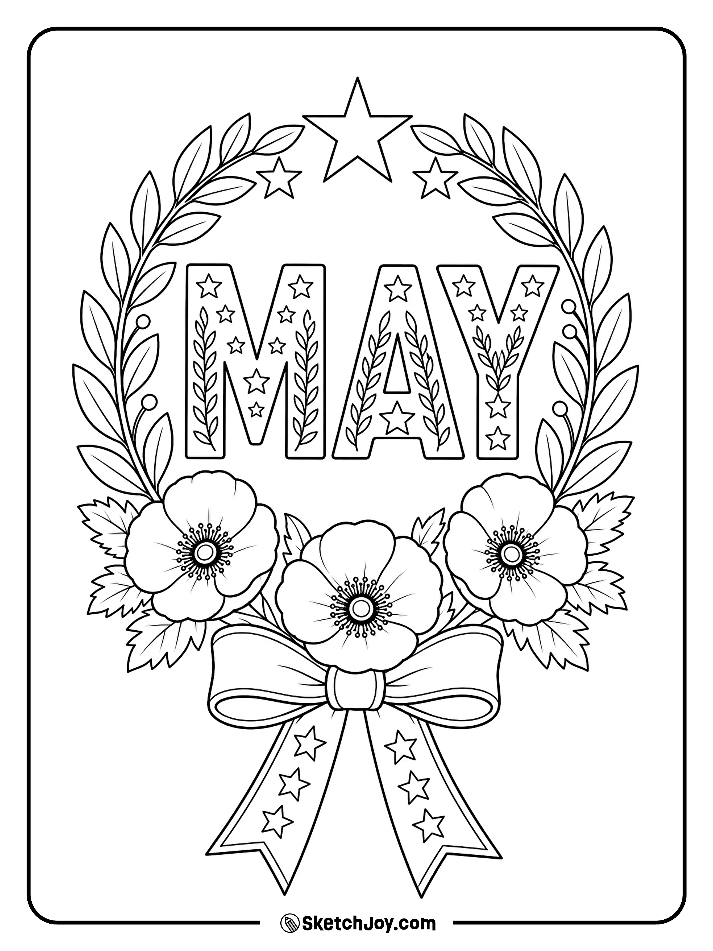 A star wreath and flowers frame the word MAY in a calm scene.
