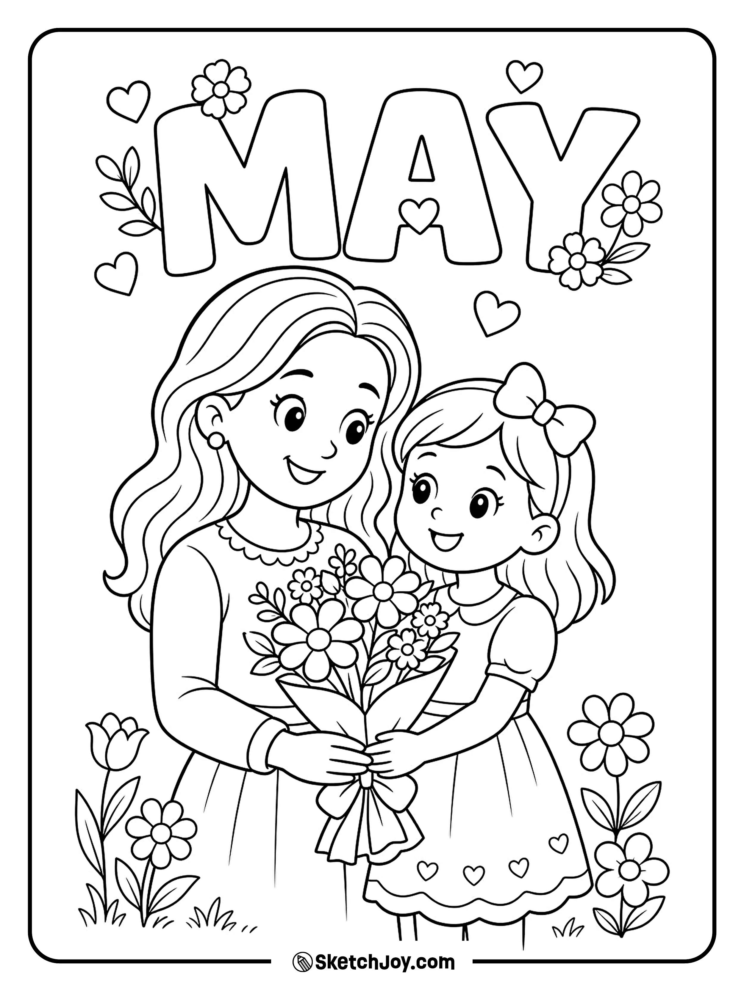 A smiling mom and child hold flowers beside a sweet MAY sign.