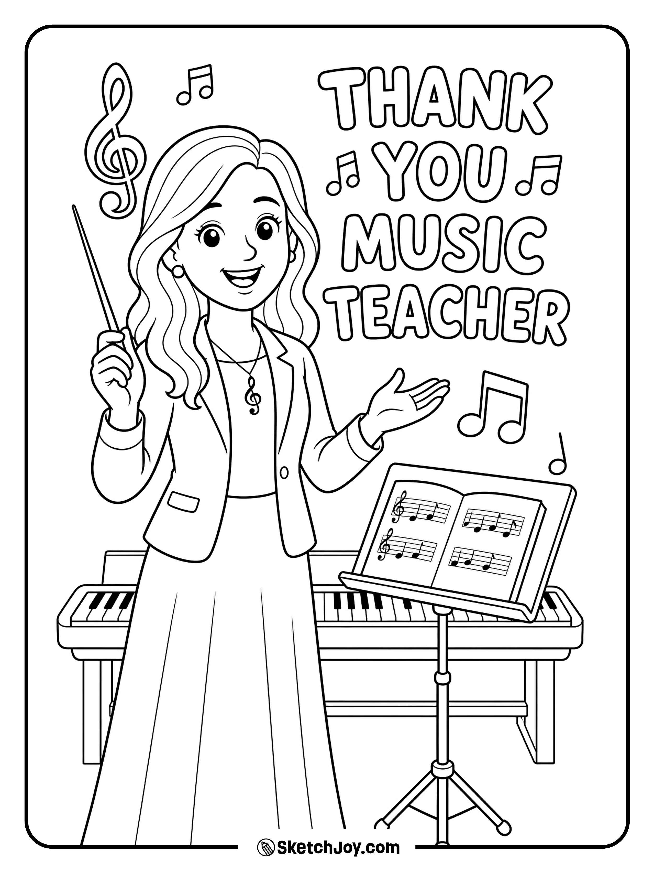 A music teacher smiles with notes and a thank-you sign.