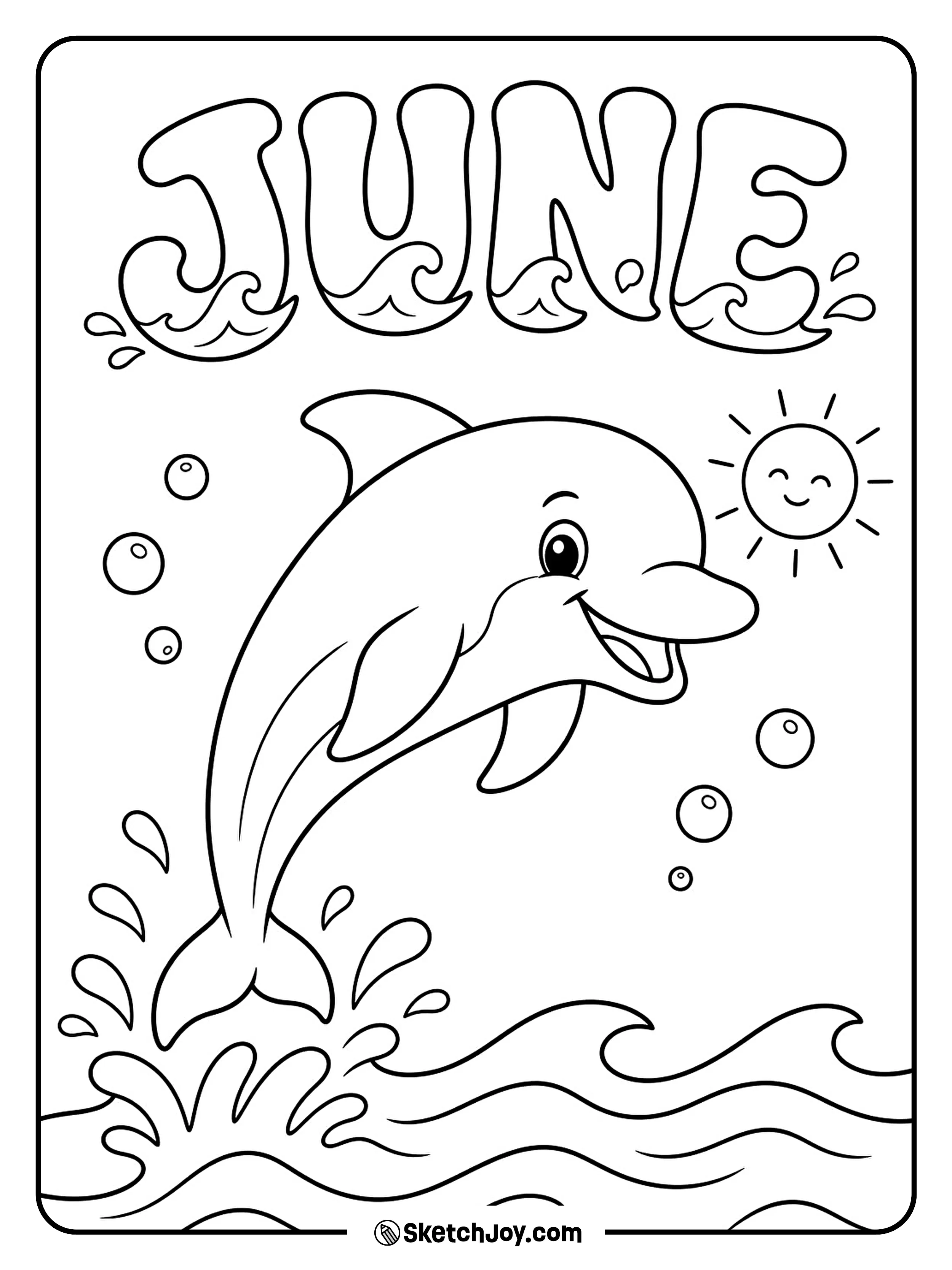 A dolphin jumps near wave-shaped letters.