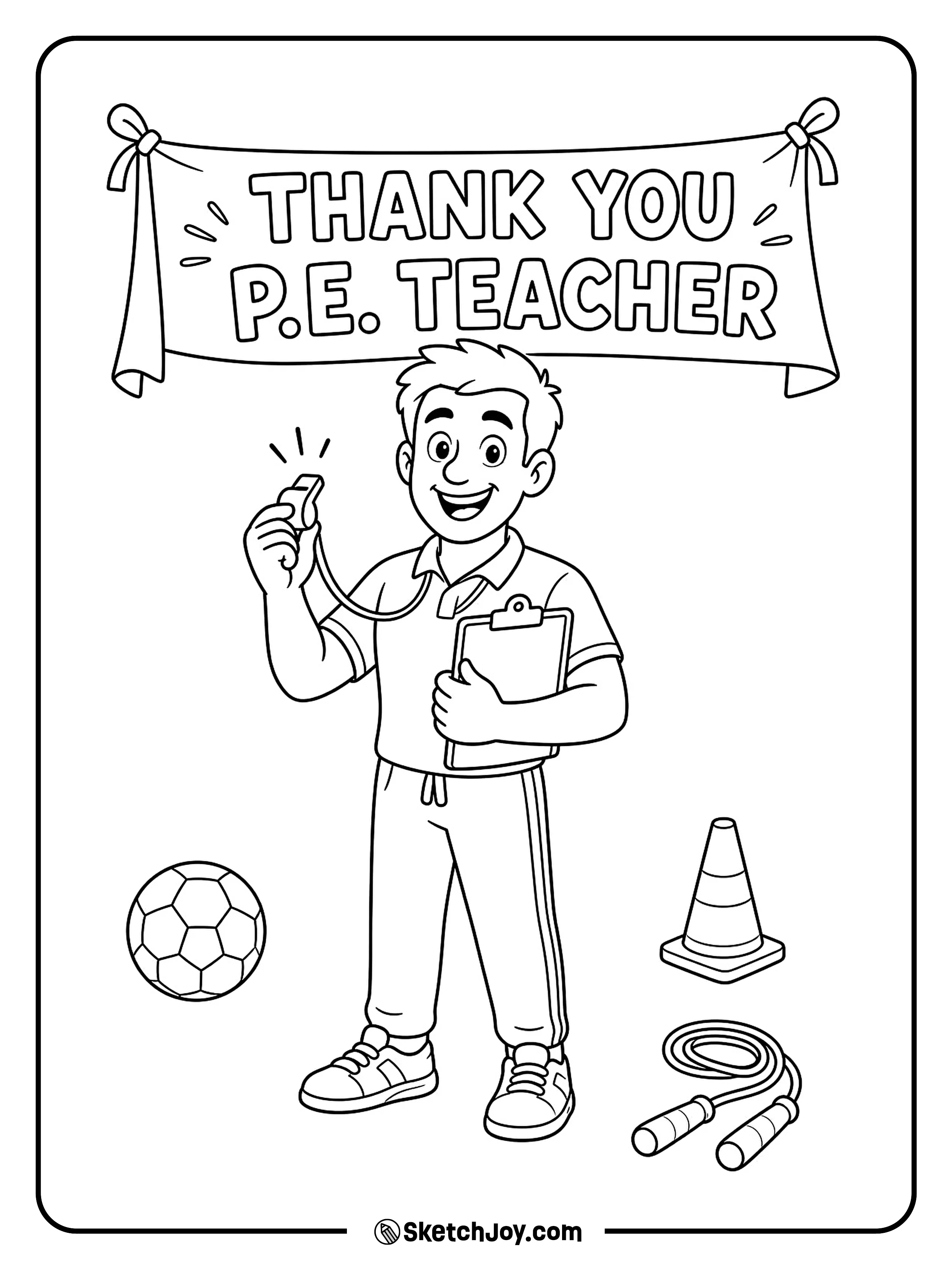 A P.E. teacher cheers with sports gear nearby.