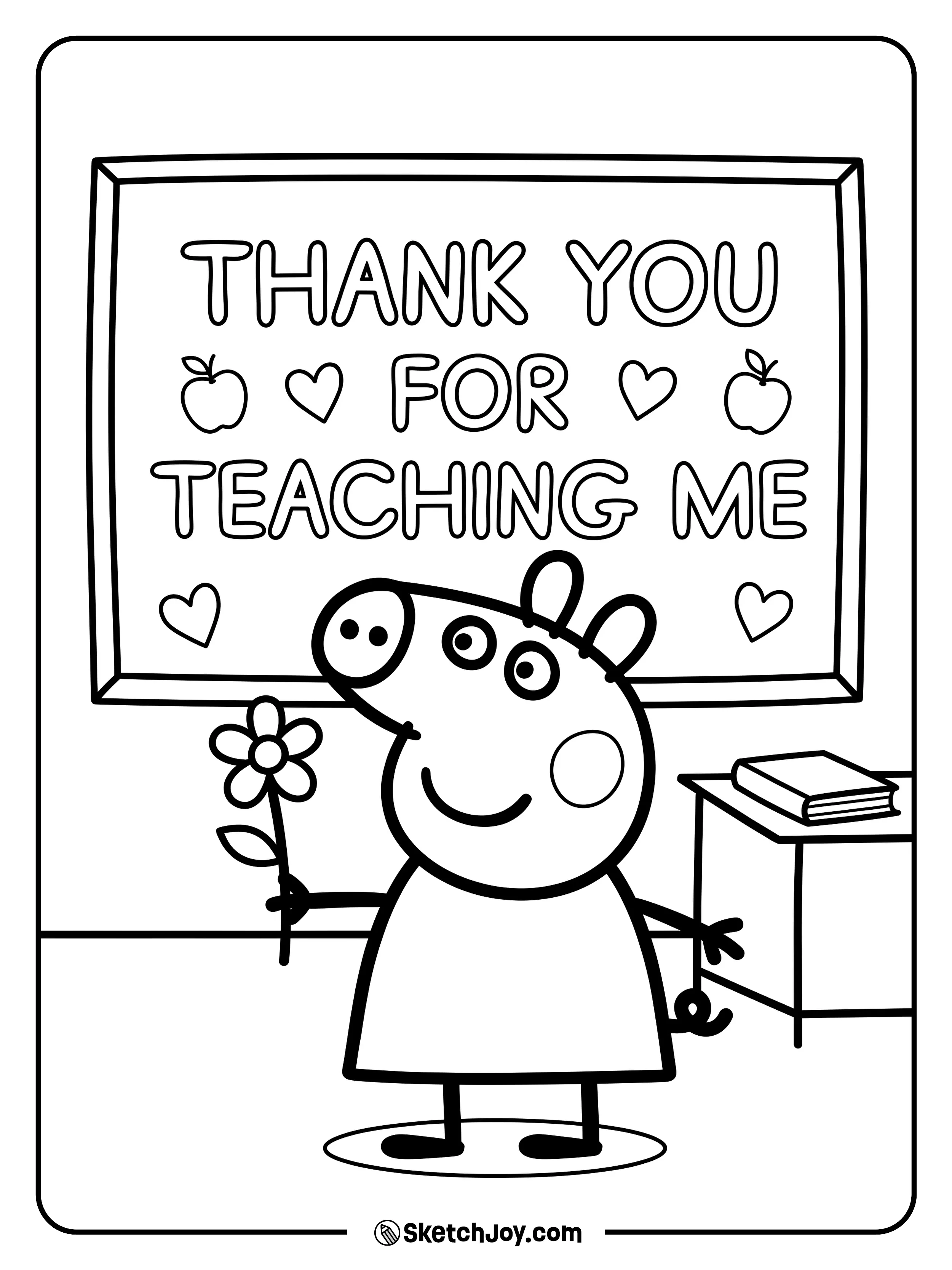 Peppa Pig gives a cheerful thank-you to her teacher.