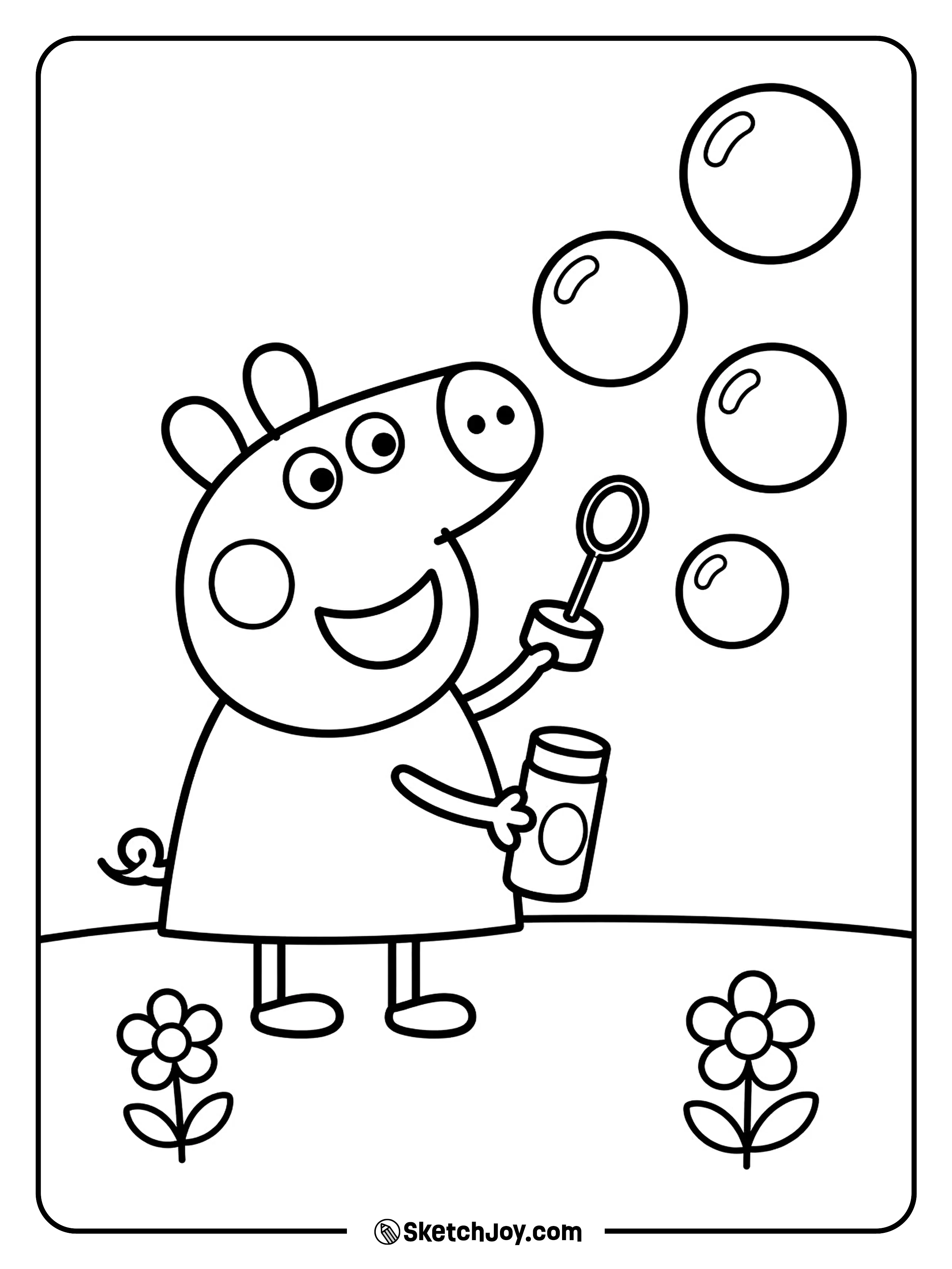Peppa blows big bubbles into the air.