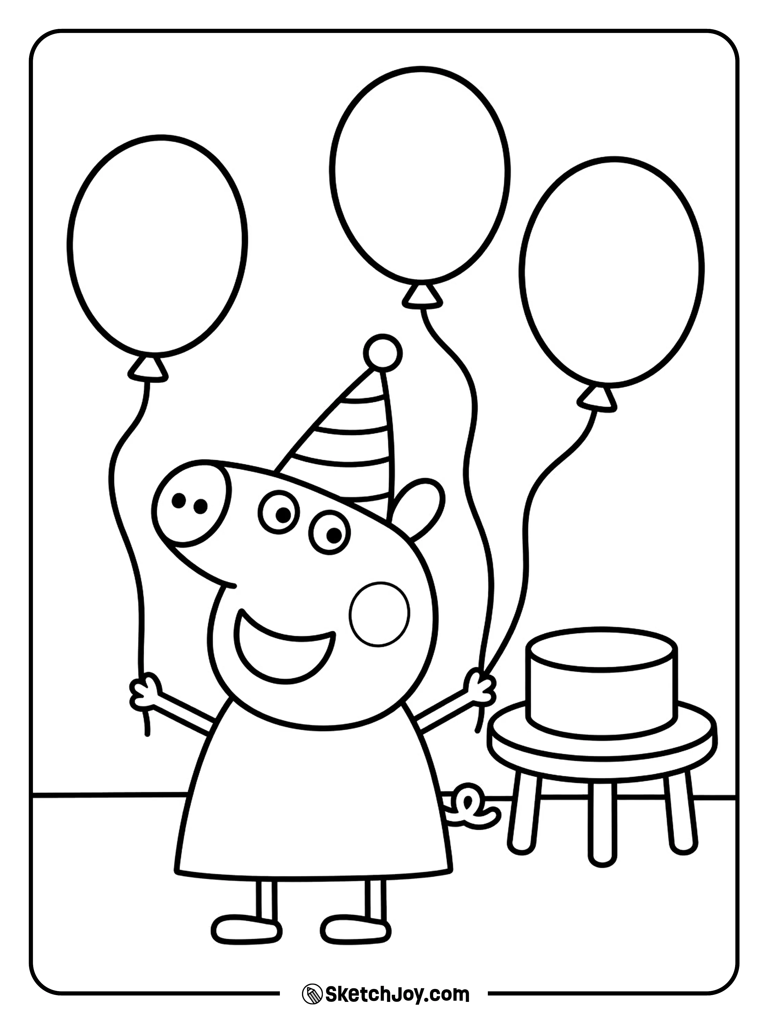 Peppa gets ready for a party with balloons around her.