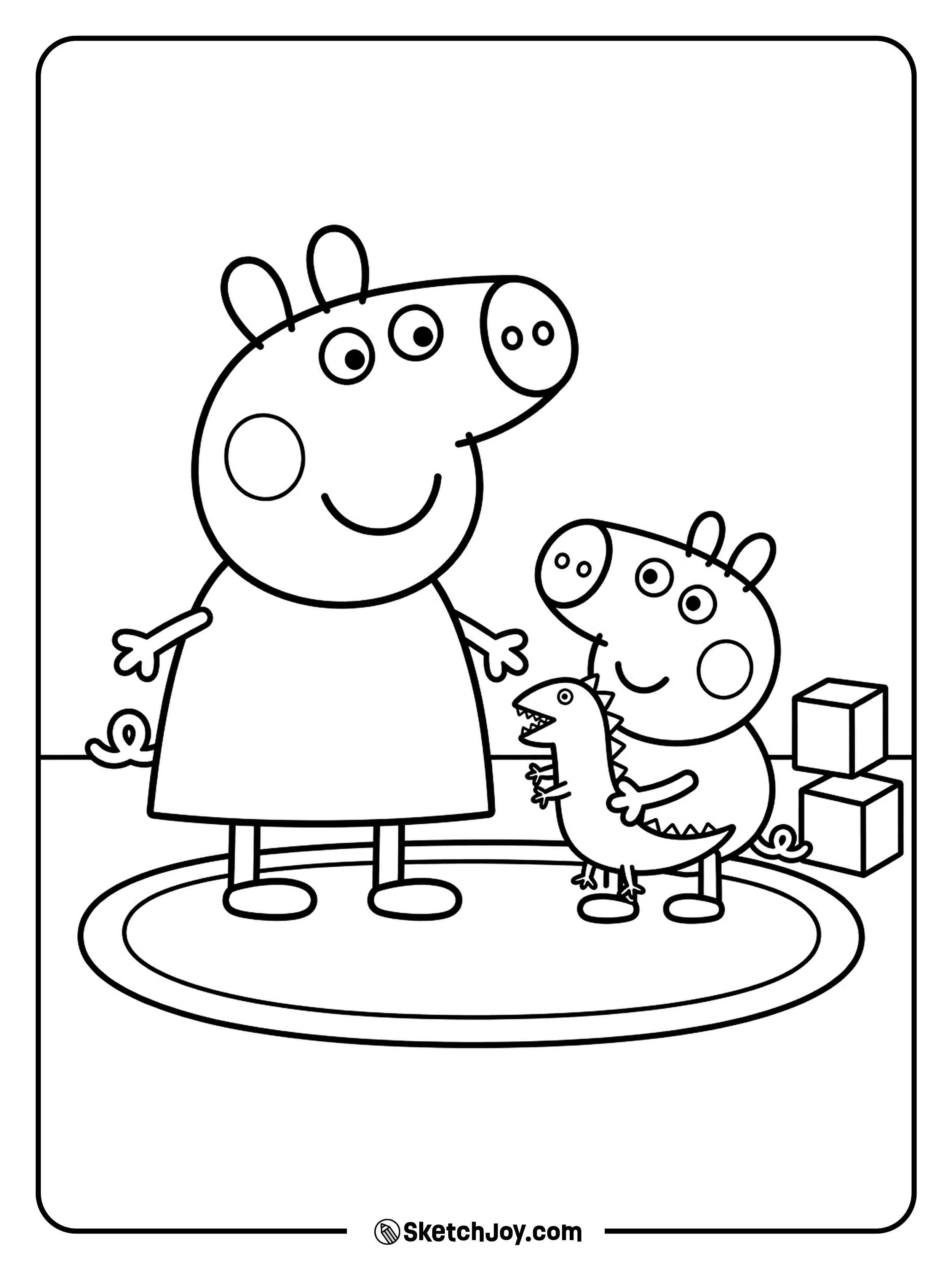 Peppa stands beside George as he holds his toy dinosaur.