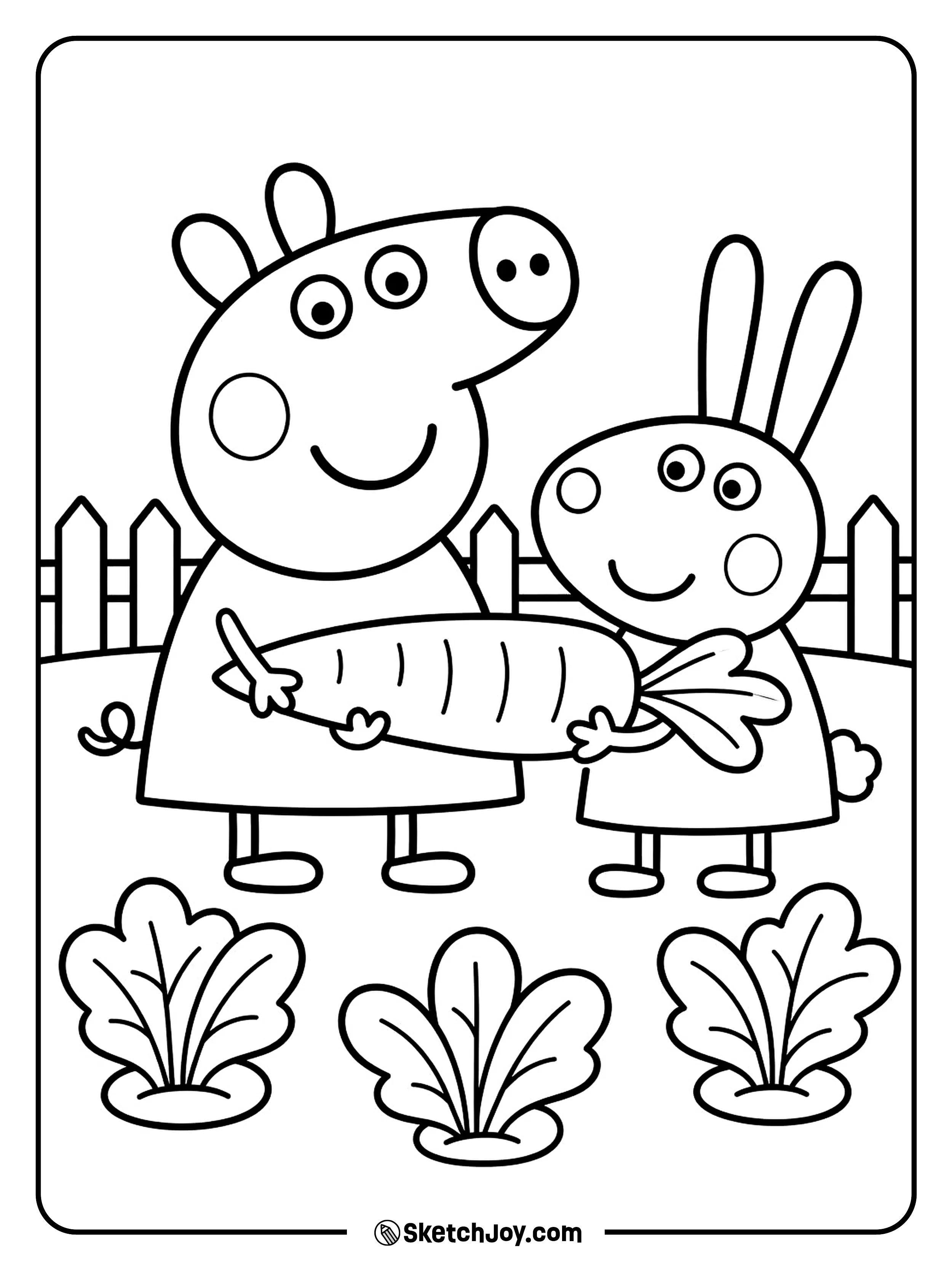 Peppa and Rebecca Rabbit hold carrots in the garden.