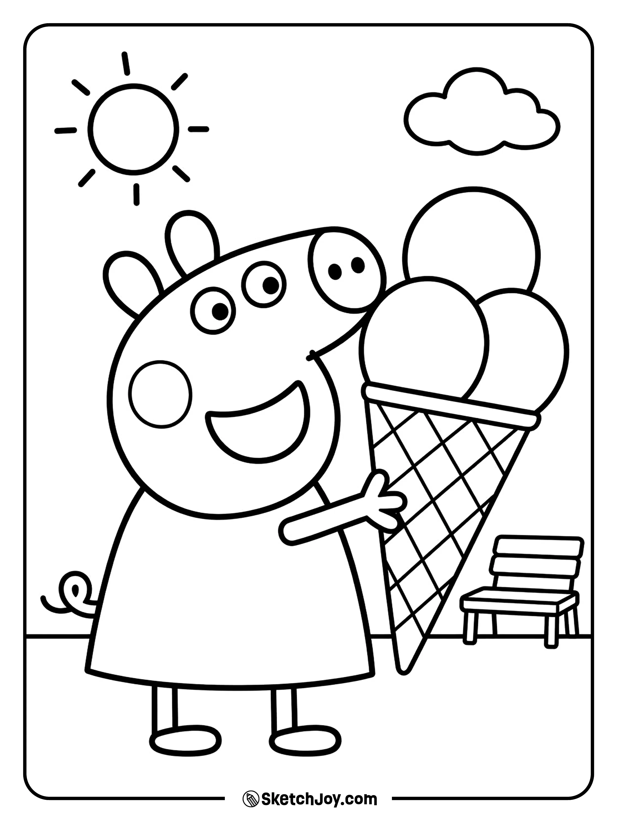 Peppa smiles while holding a big ice cream cone.