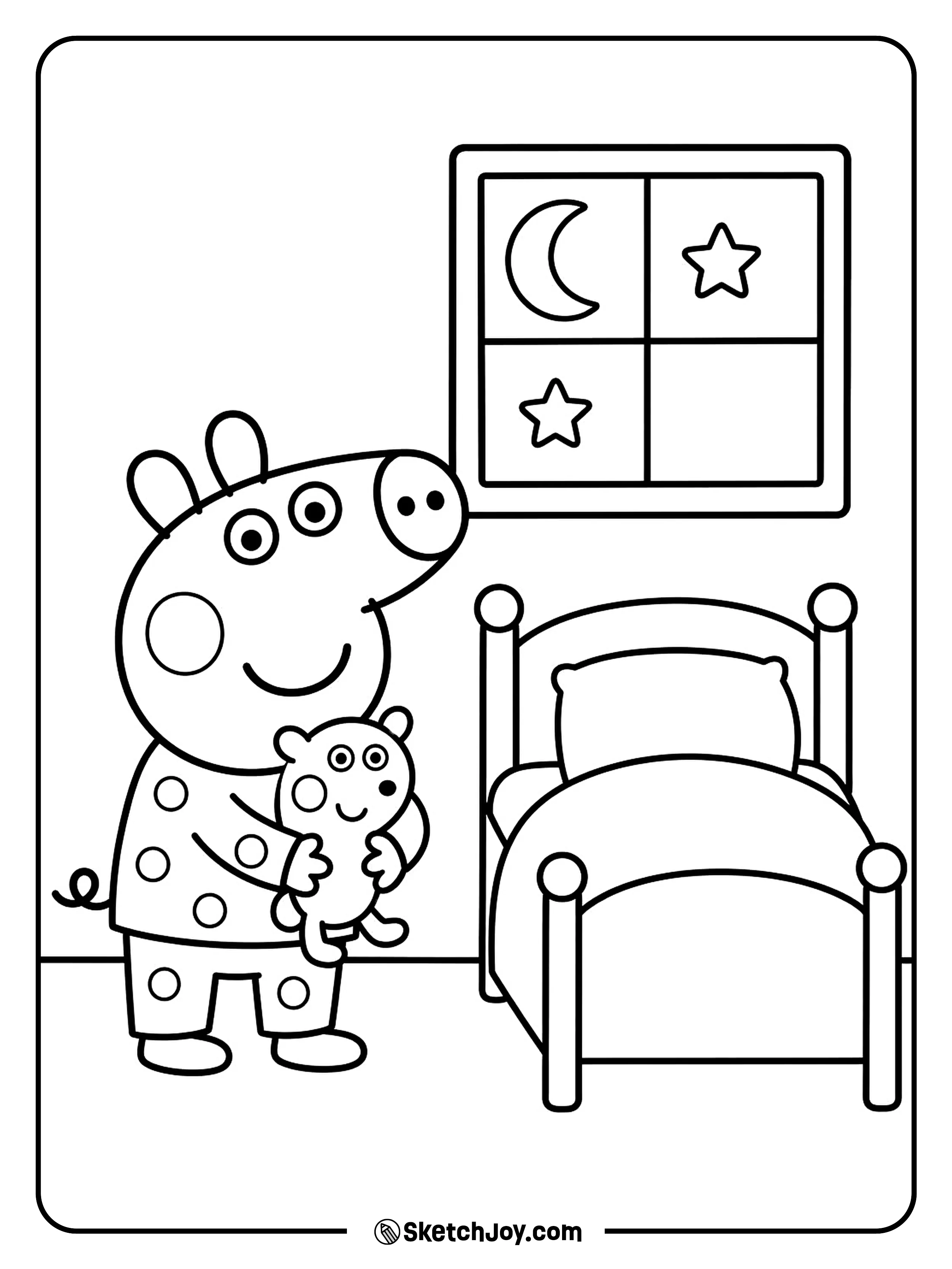 Peppa wears pajamas and holds a bedtime toy.