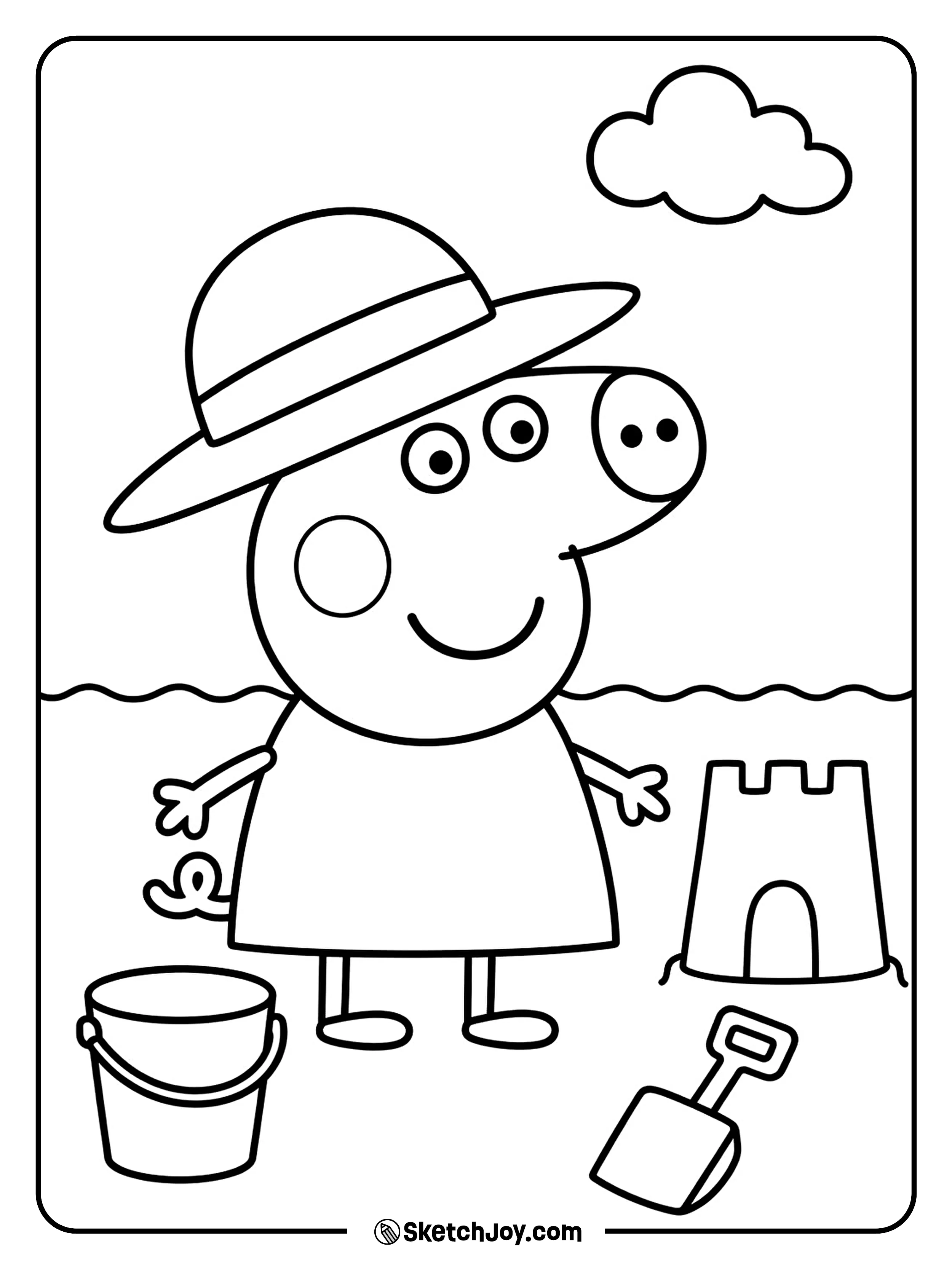 Peppa holds a bucket and spade near the sand.