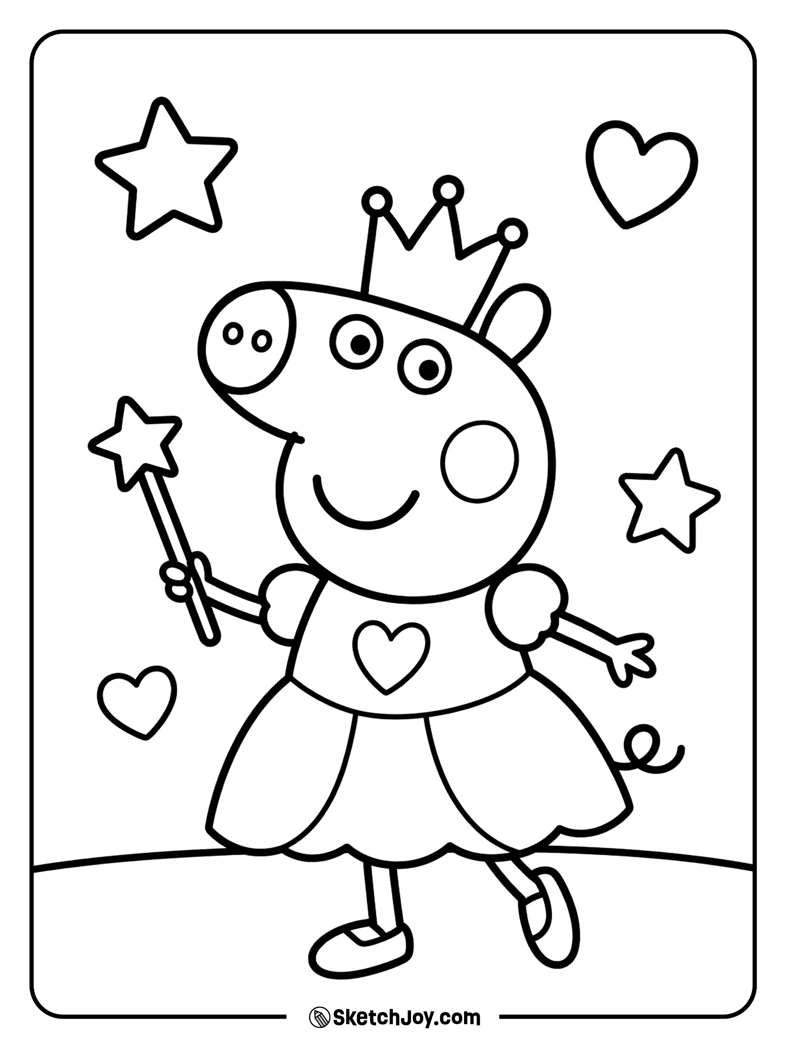 Peppa wears a pretty dress and holds a wand.