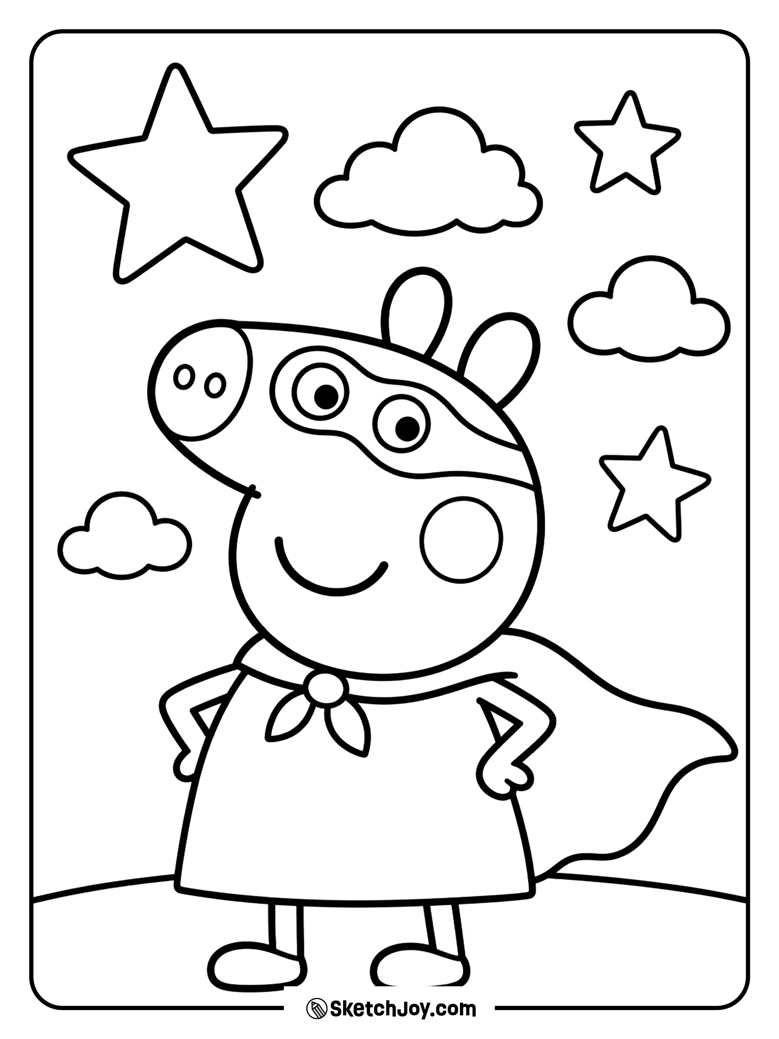 Peppa wears a cape and stands in a brave pose.