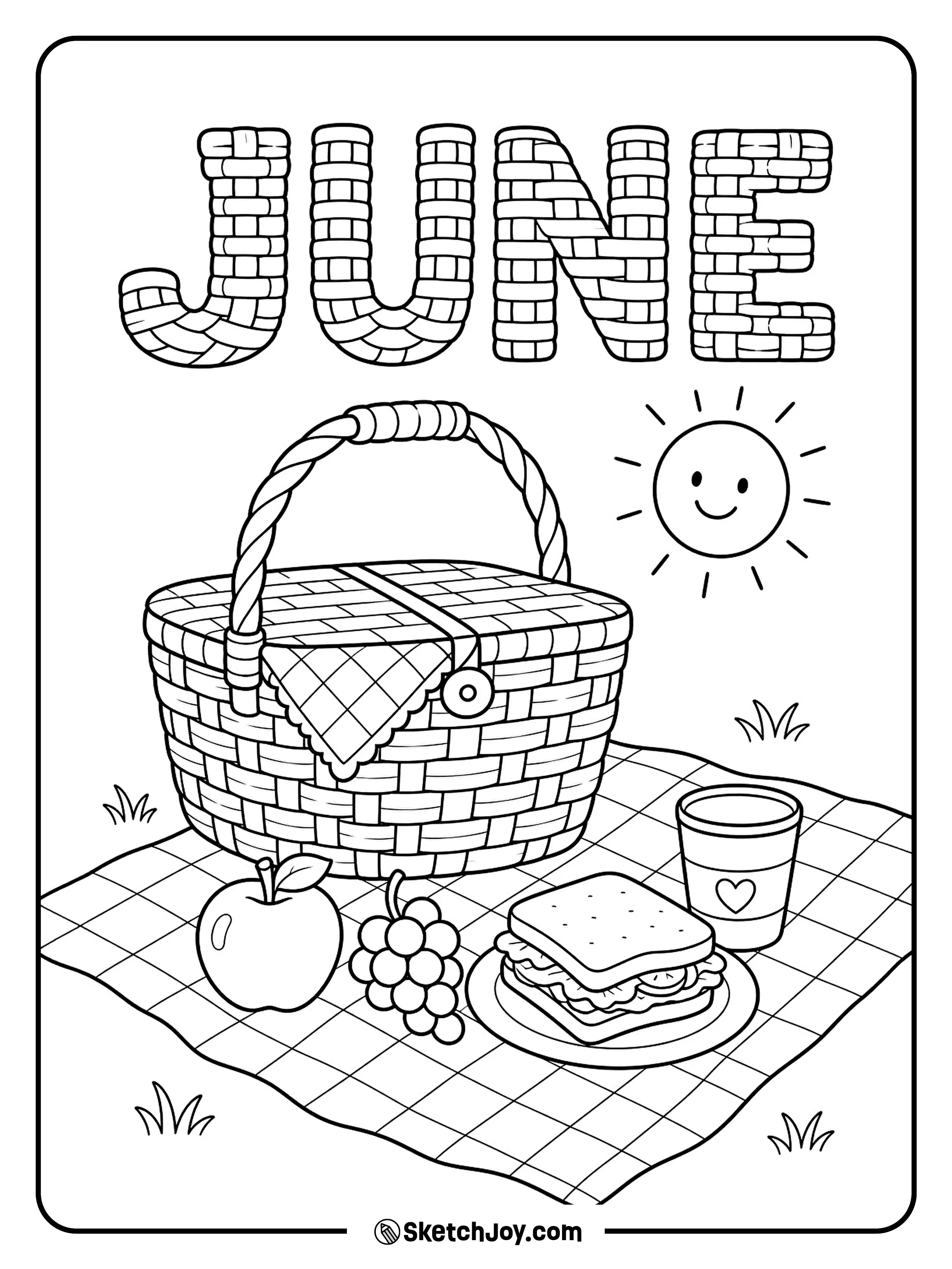 A picnic basket sits on a sunny blanket.
