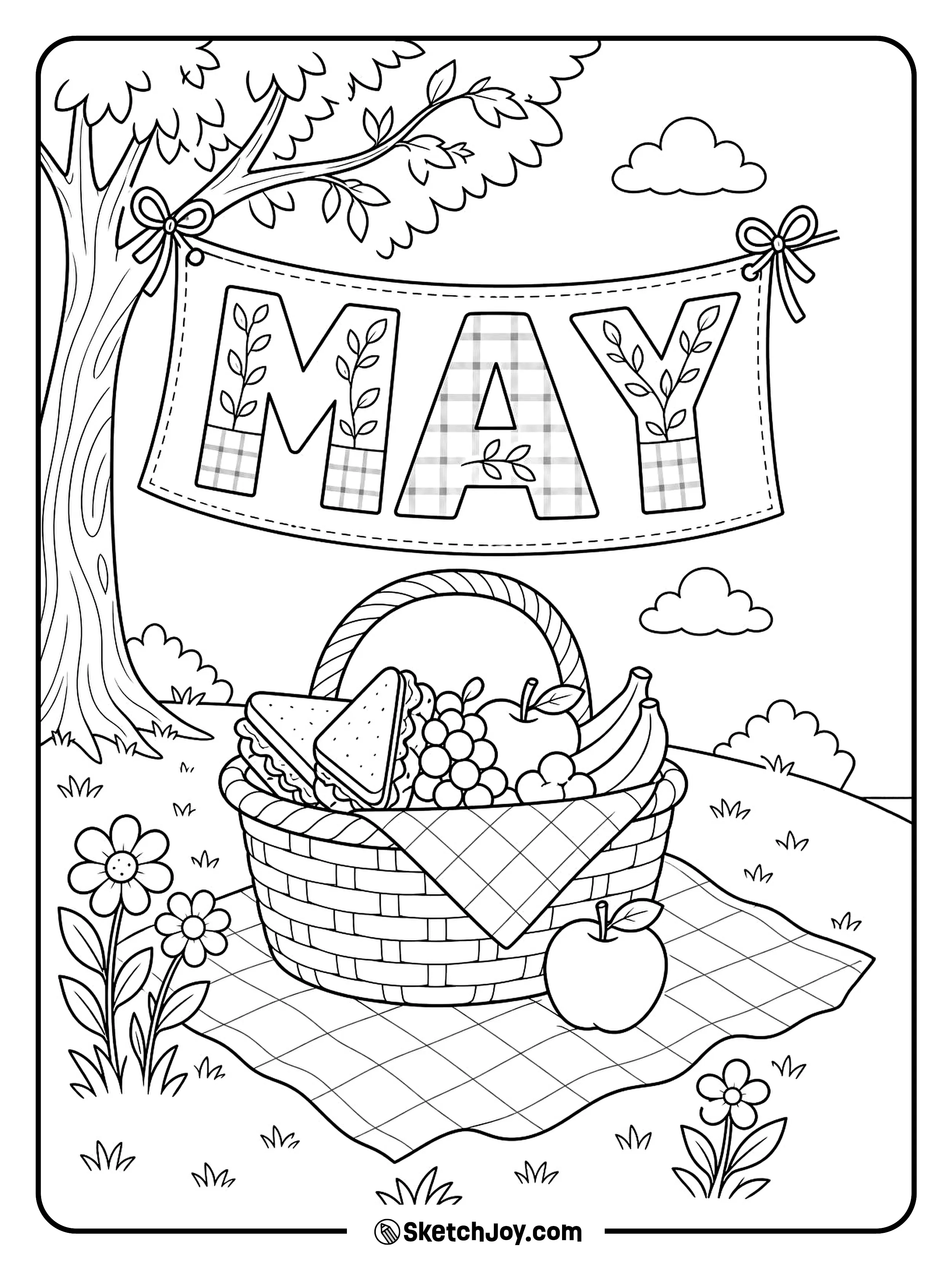 A picnic basket and fruit sit under a spring MAY banner.