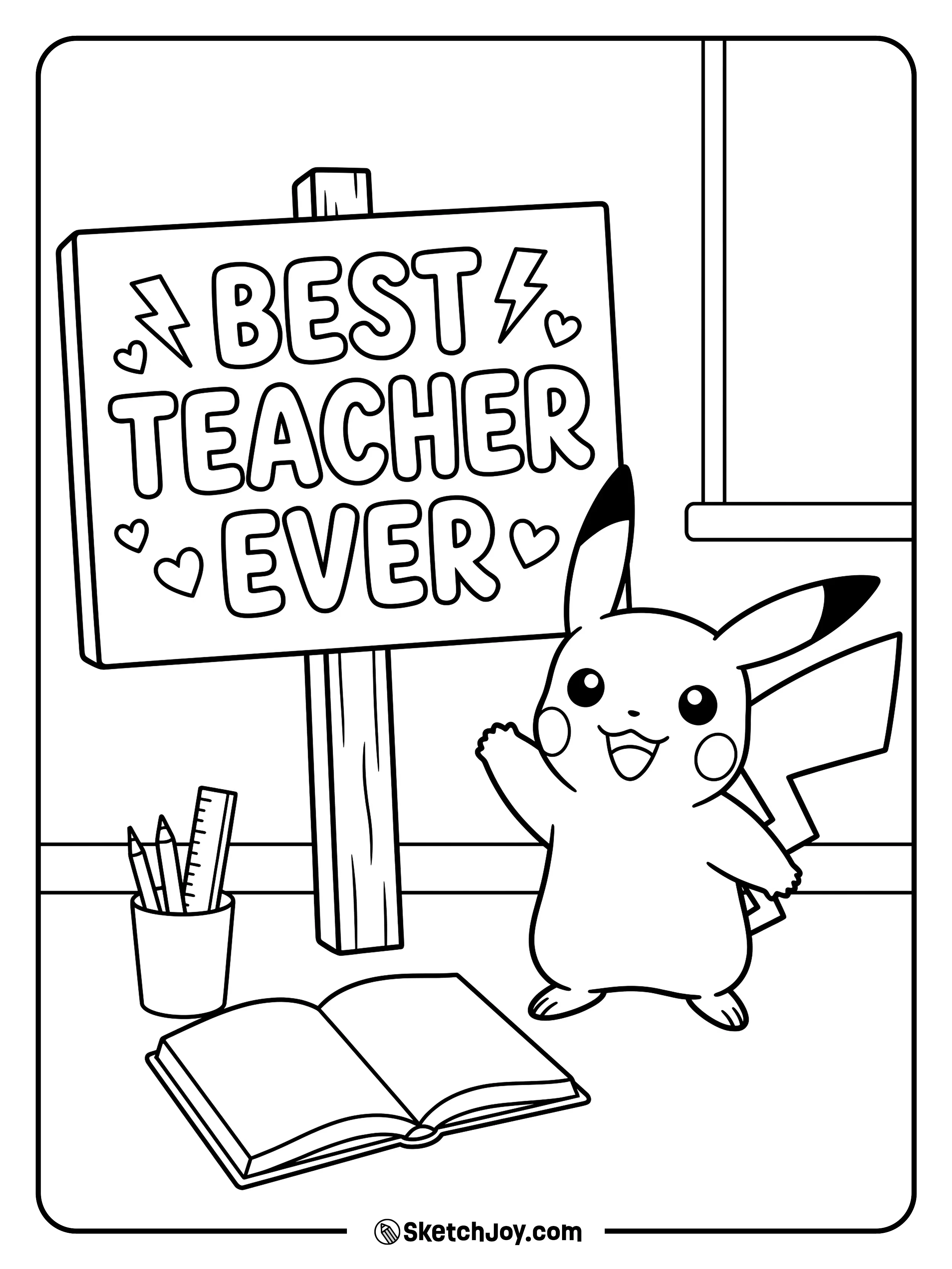 Pikachu stands by a school sign full of thanks.
