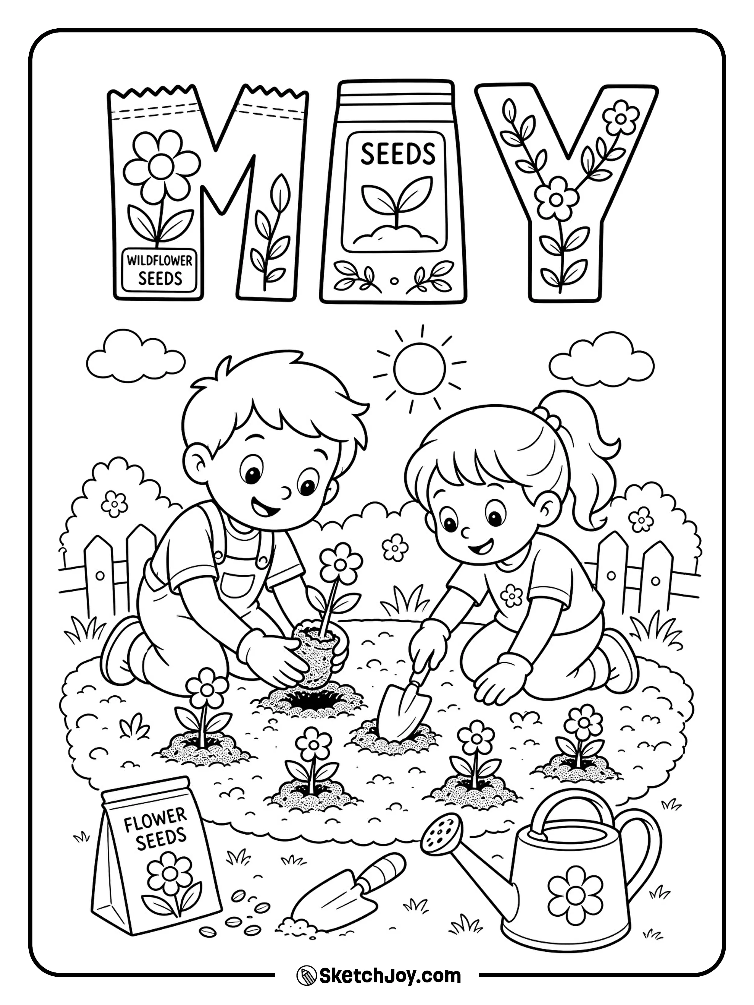 Kids plant flowers in a garden with a big MAY sign above.