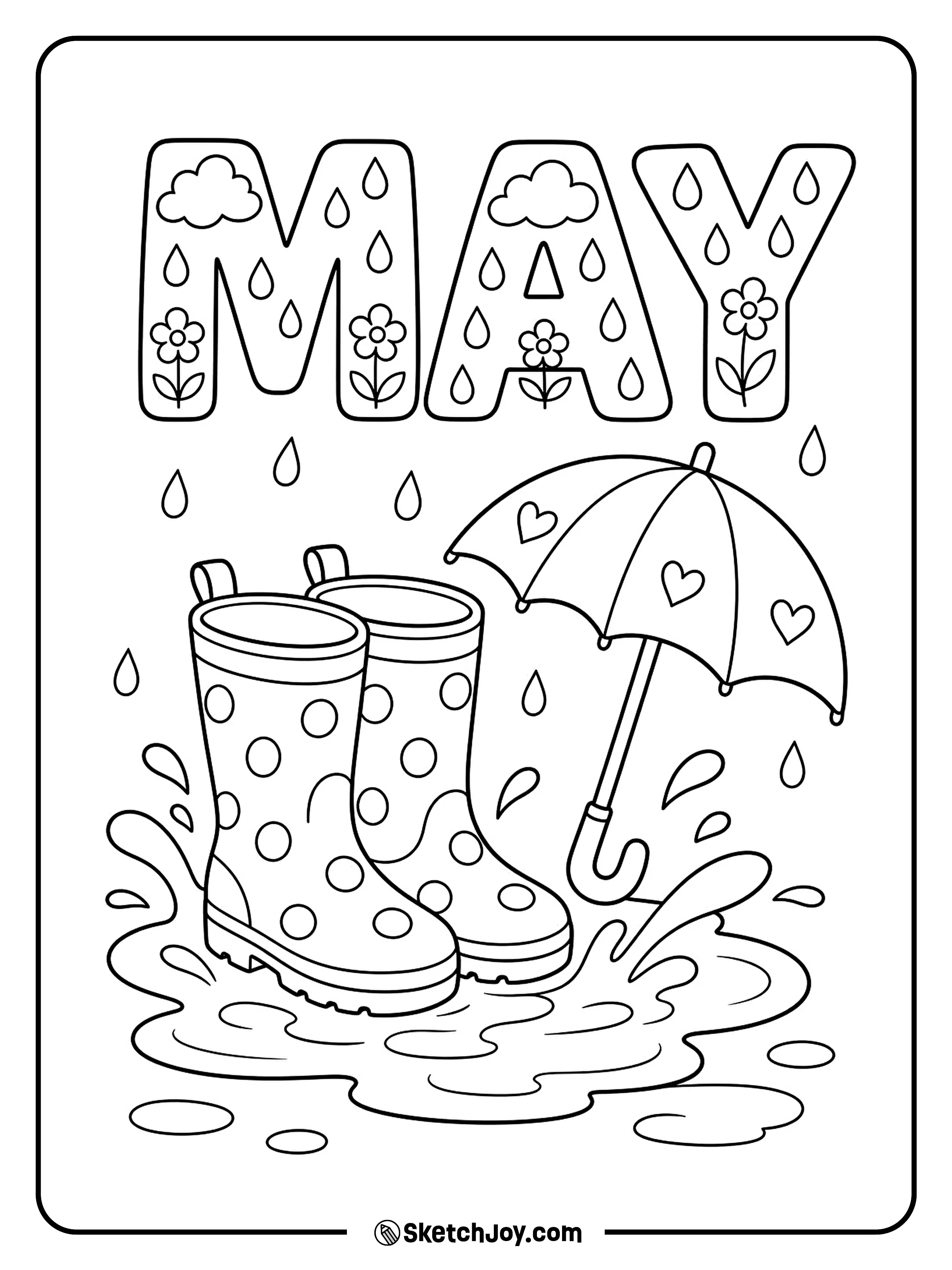 Rain boots splash in a puddle under playful MAY letters.