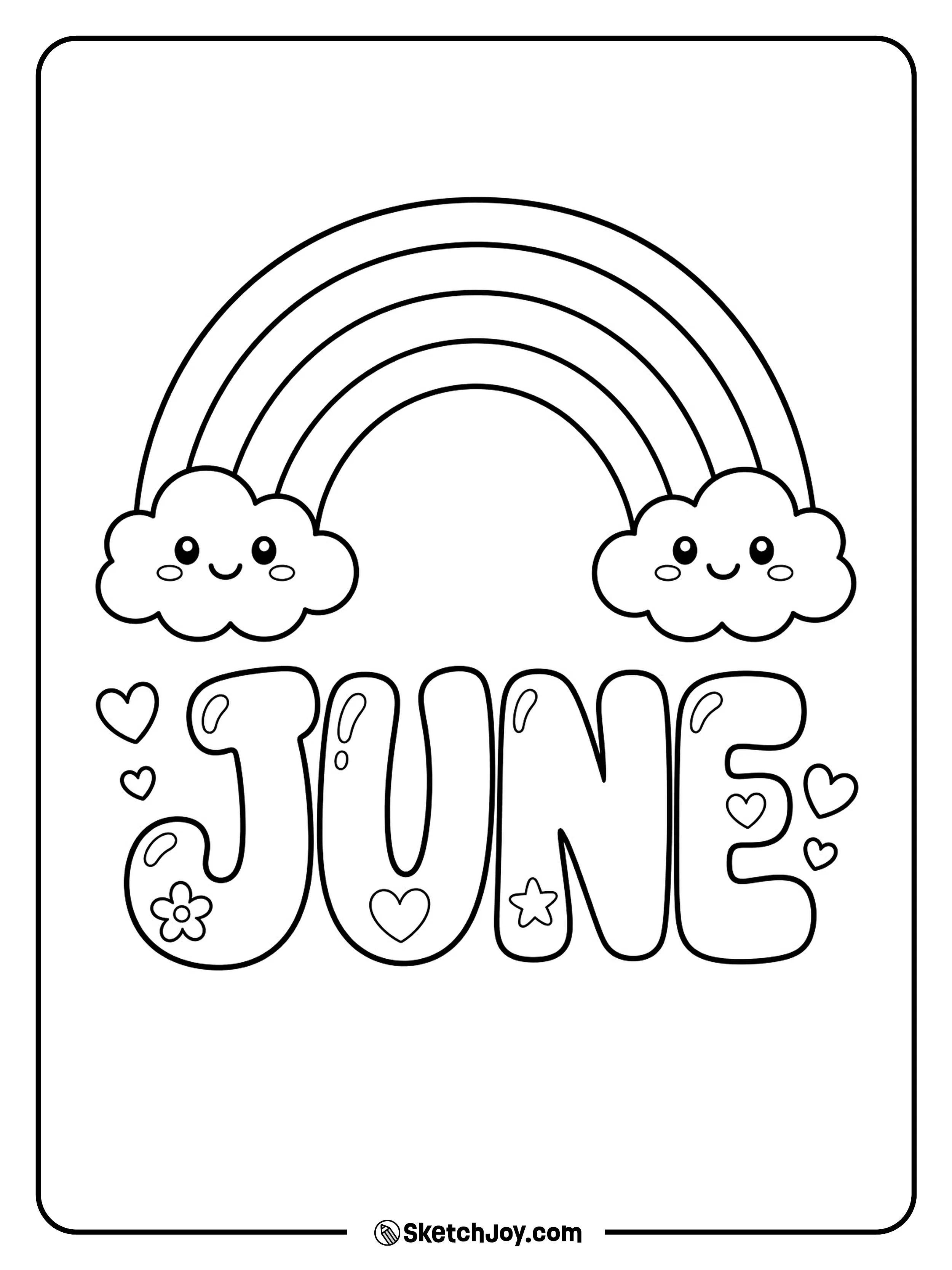 A rainbow curves over happy June letters.